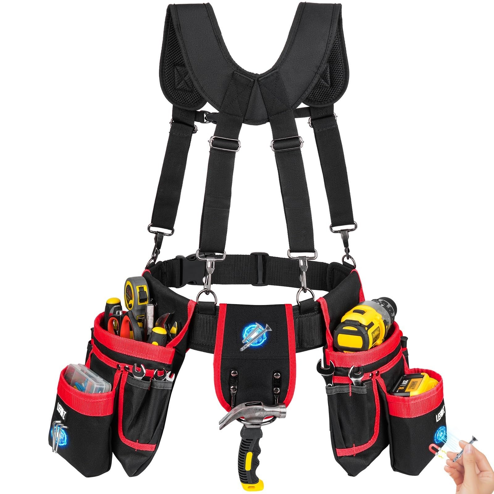 Heavy-duty LEFOR·Z tool belt with suspenders and 27 pockets, featuring magnetic tool holders for men’s construction and DIY work.