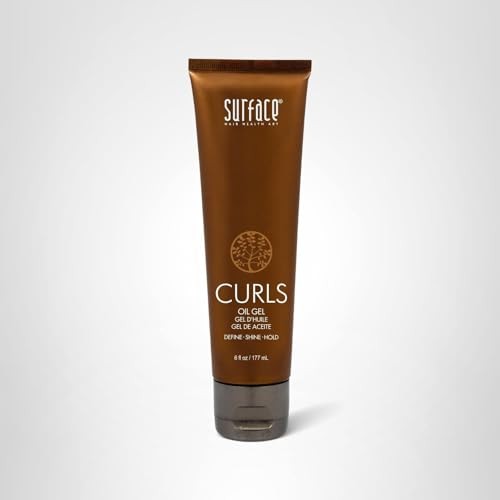SURFACE Hair Curls Oil Gel bottle with curly hair demonstrating defined, shiny, frizz-free curls.