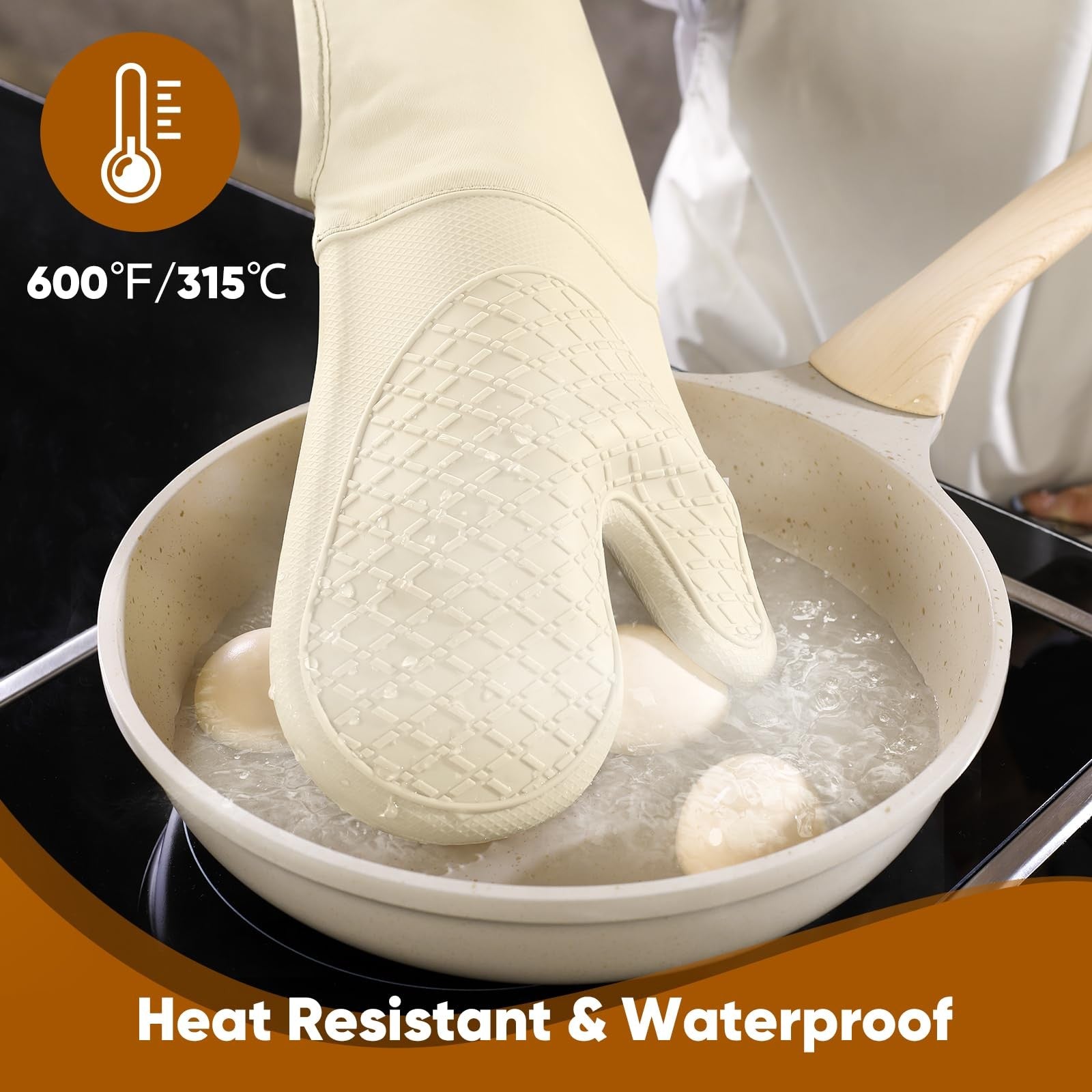 HULOSAN silicone oven mitts and pot holder set with cotton kitchen towels, heat-resistant and durable for cooking and baking.