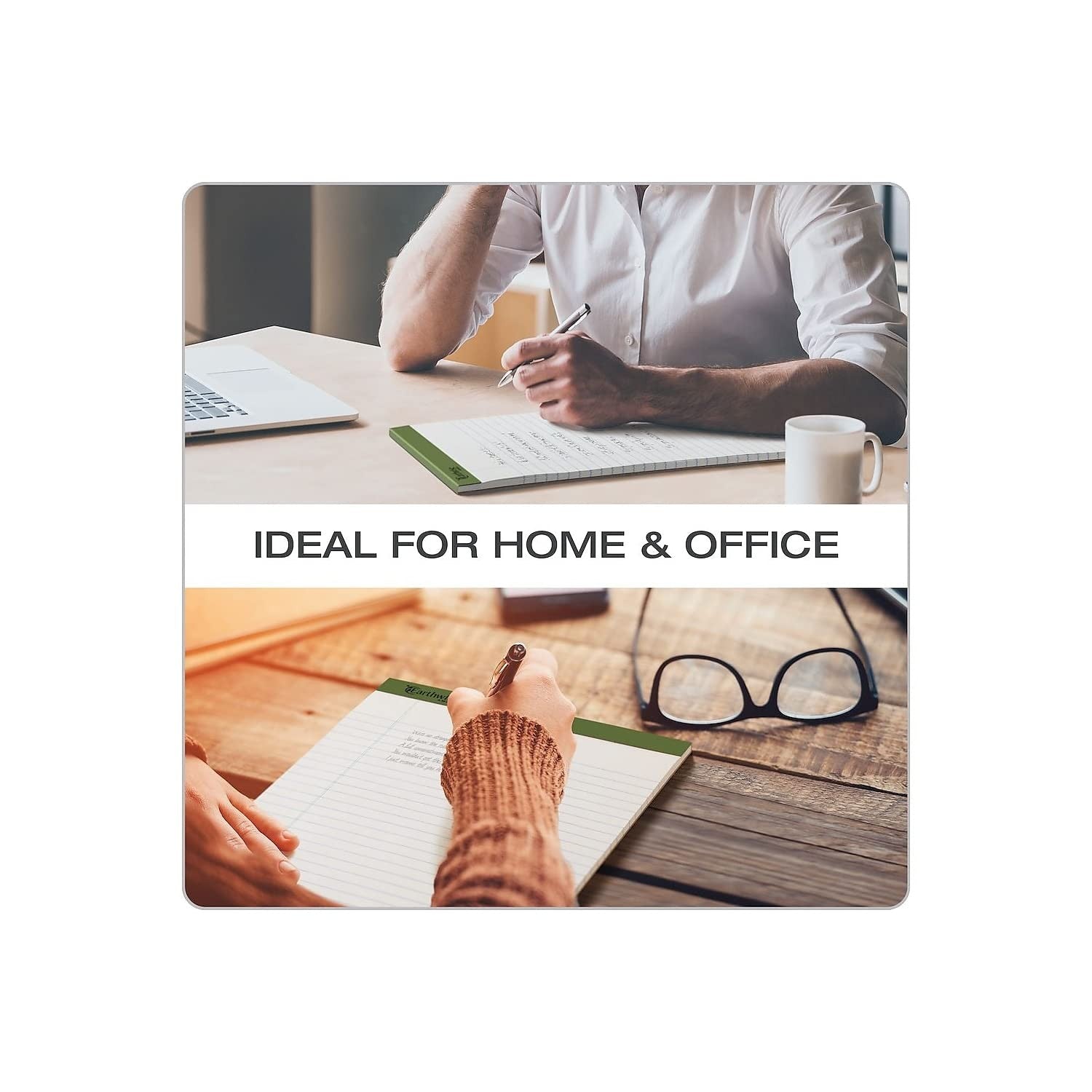 Ampad 100% recycled perforated ruled notepad with 50 sheets, white, 8.5x11.75 inches, placed on a desk.