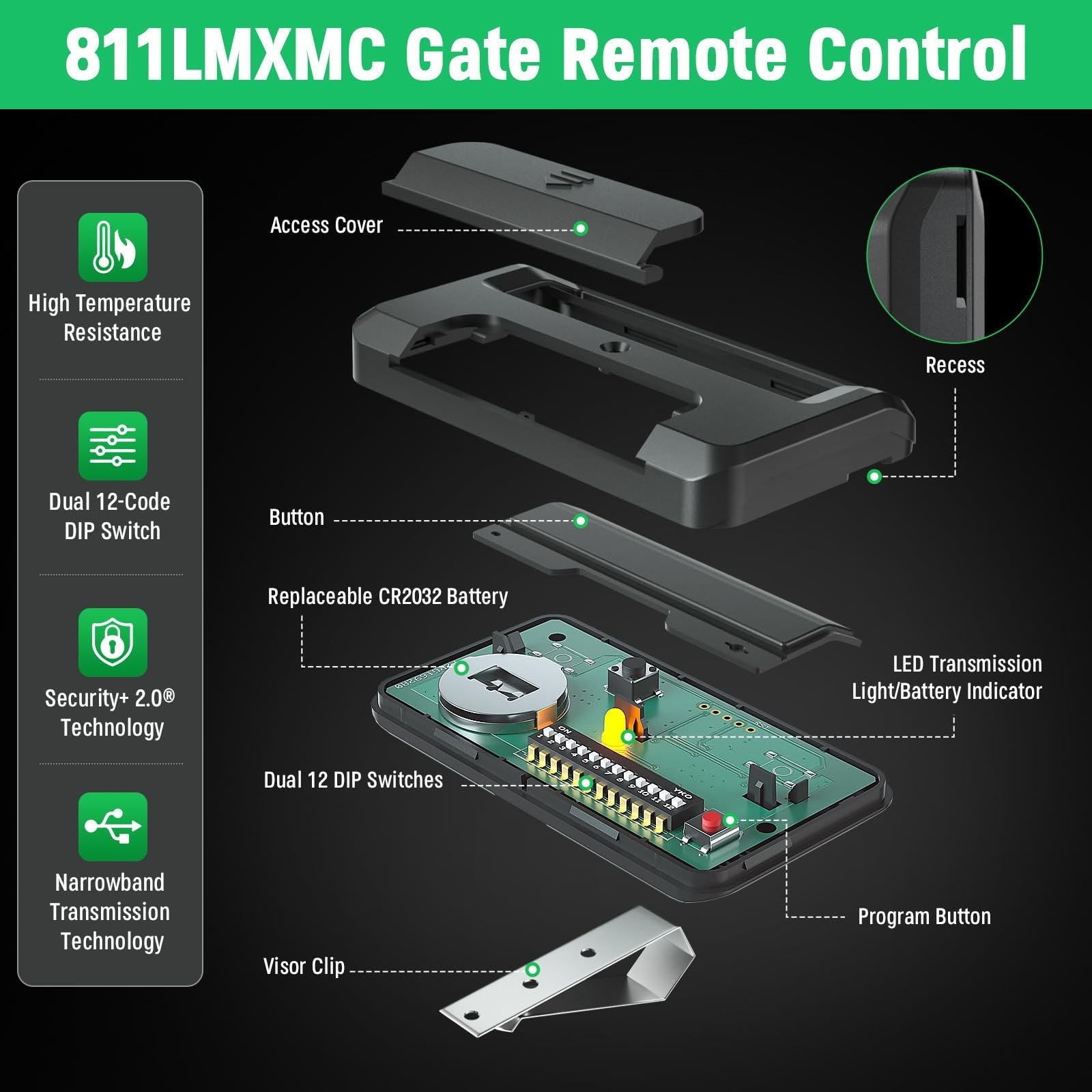 Cylrod Liftmaster gate remote 4-pack MC 811LMX Security+ 2.0 compatible with 315MHz and 390MHz, showing four remote controls.
