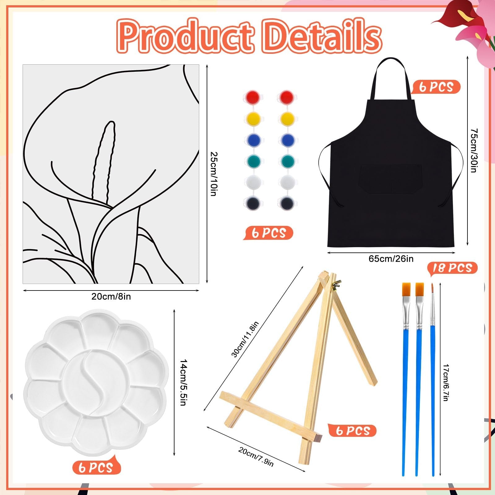 Motipuns 6-piece pre-drawn canvas set for adult painting, part of Sip and Paint kit with colorful designs and painting supplies.