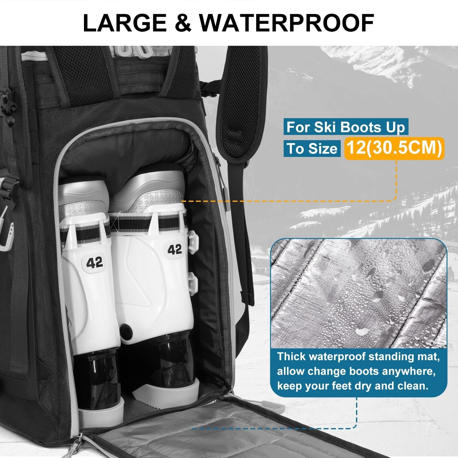 Lunidry 65L waterproof ski boot and snowboard bag with multiple compartments and adjustable straps for travel and storage.