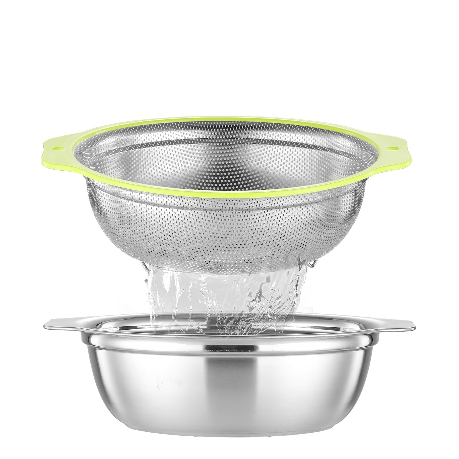 AHIABOAT stainless steel 4QT colander with microporous design, large capacity rice strainer for efficient rinsing and draining.