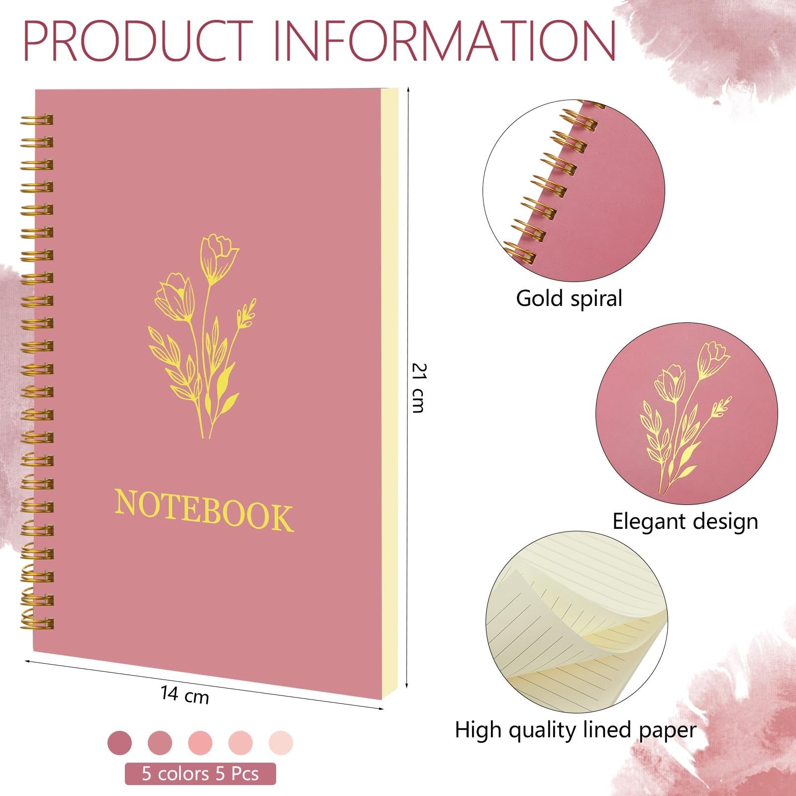 Gueevin 5-pack A5 spiral notebooks with wide ruled pages, featuring aesthetic school supplies design and 160 pages each