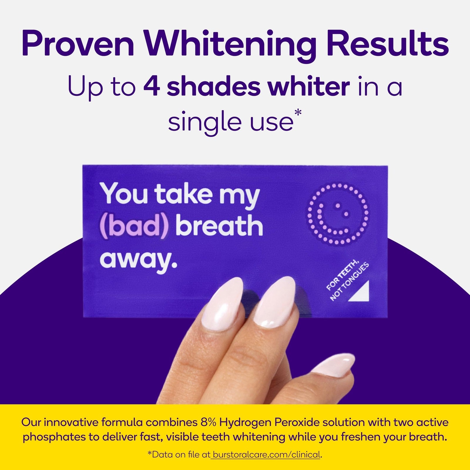 Burst Teeth Whitening Breath Strips in Polar Mint, 8-pack, showing the strips with packaging for fresh breath and whitening benefits.