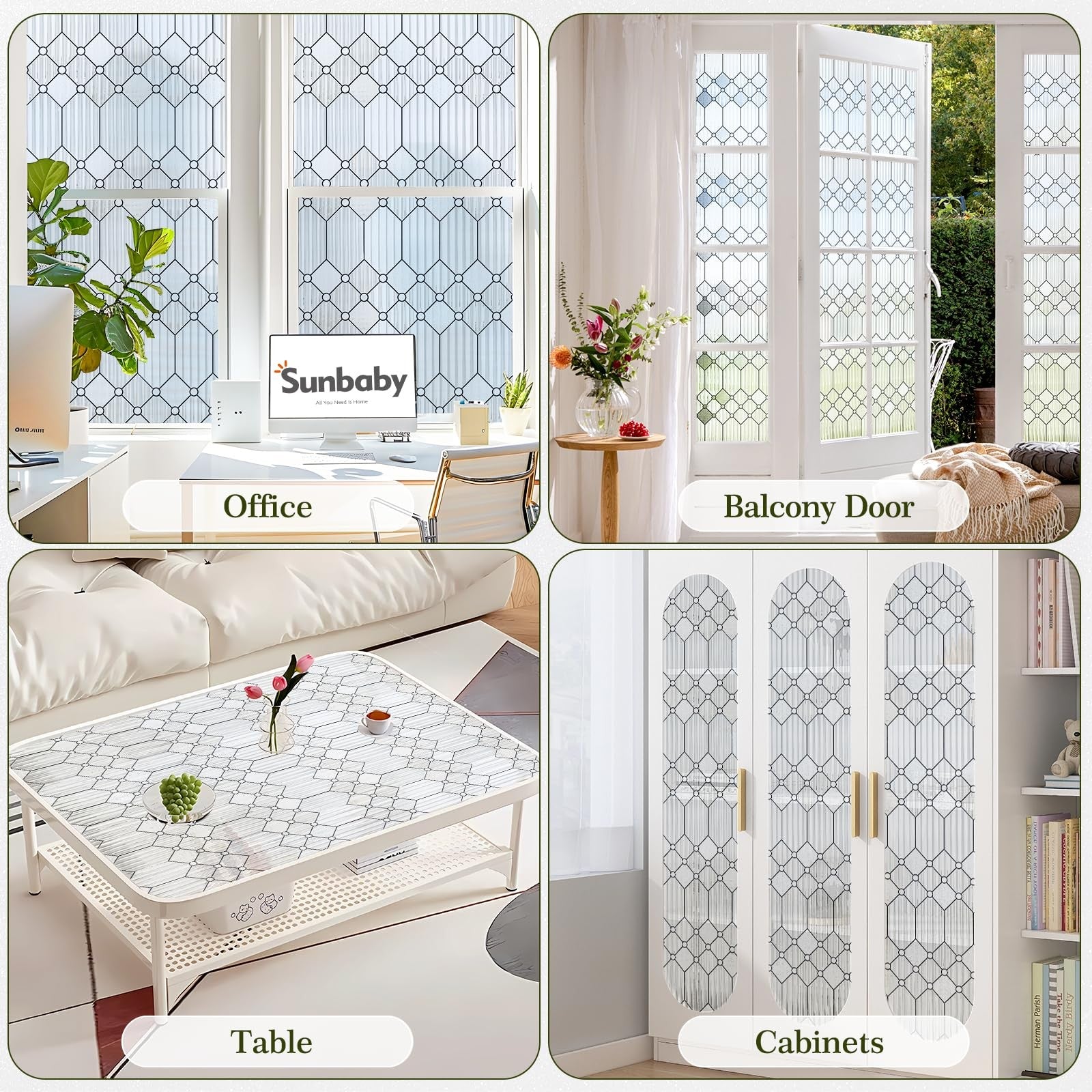 SUNBABY reed glass privacy film applied to a window, decorative frosted glass design for bathroom privacy and style