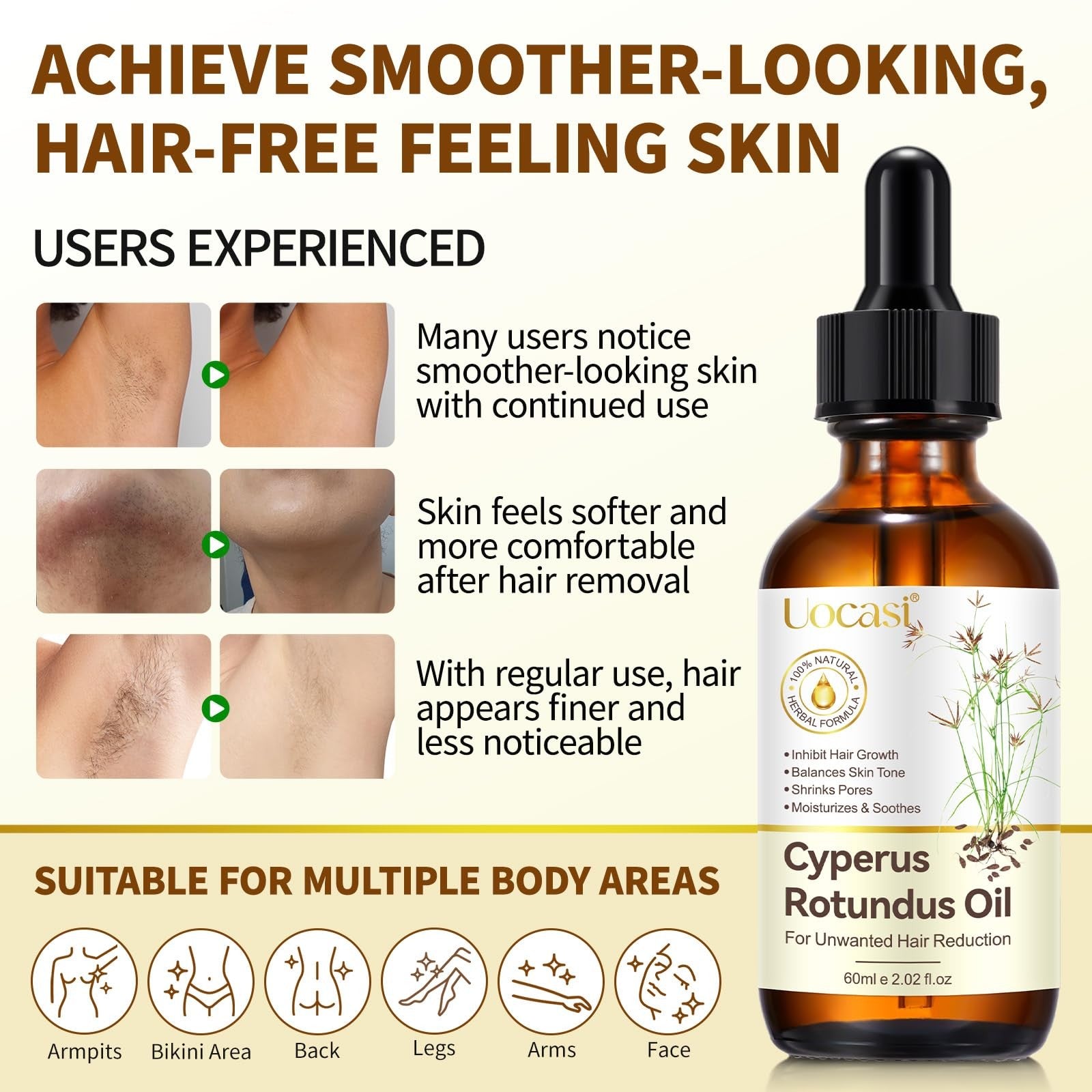 Uocasi Cyperus Rotundus Oil 3-pack featuring natural Cypress oil for hair removal and skin soothing.