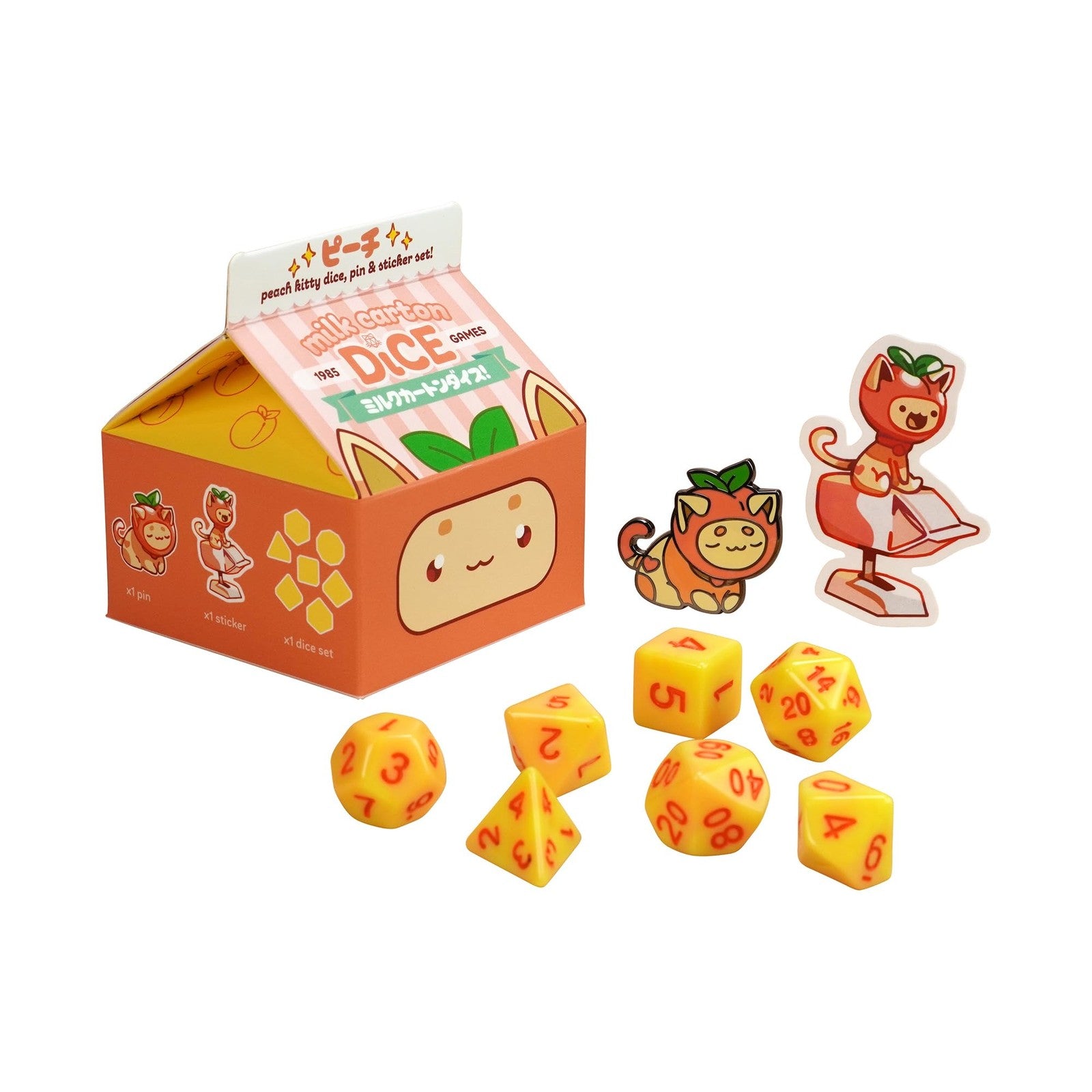 1985 Games Peach Cat Milk Carton Dice Set featuring milk carton-inspired dice for DND gaming, with colorful plastic dice in a playful design.