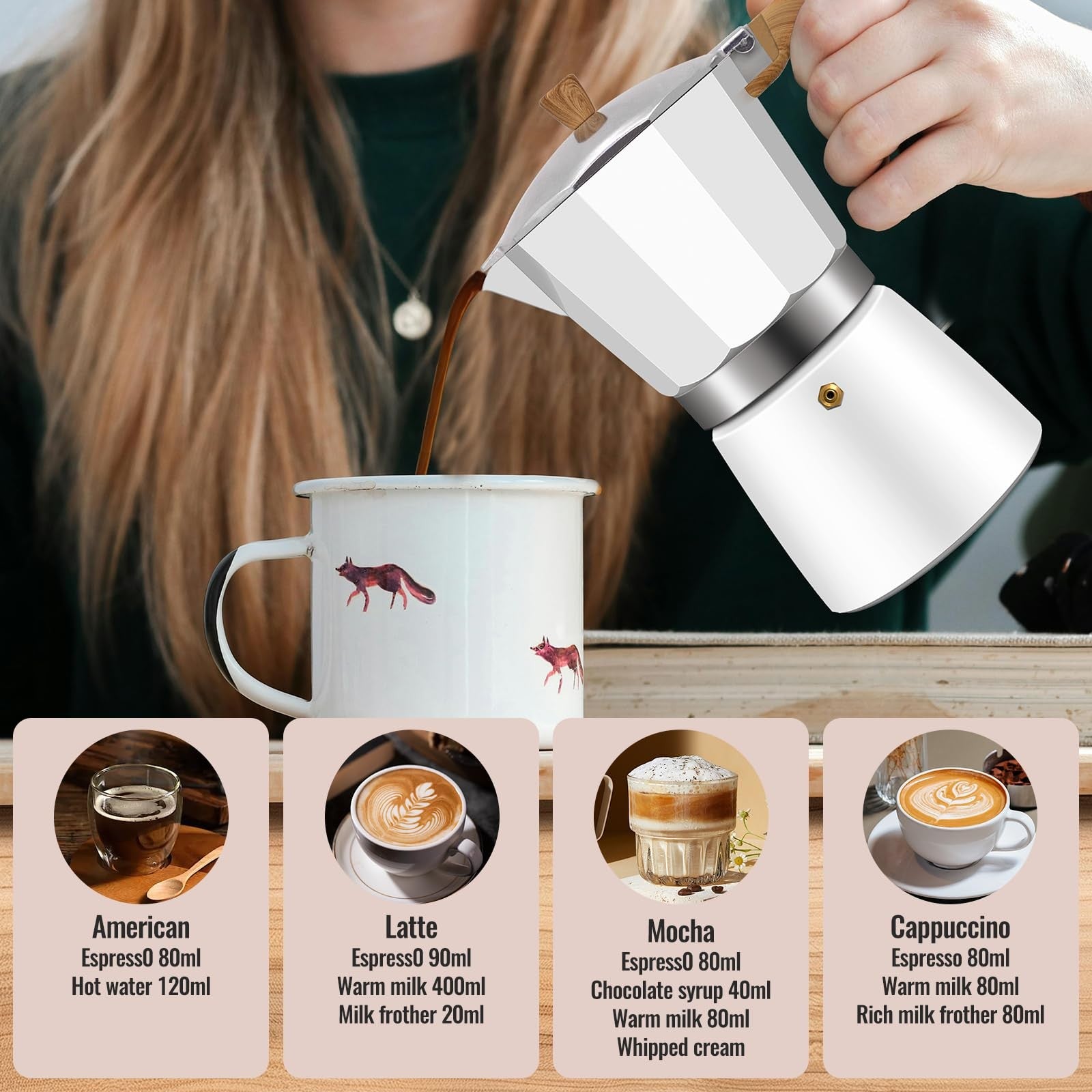Vaolvpant 9-cup aluminum Moka pot stovetop espresso coffee maker with 450ml capacity, featuring a classic design.