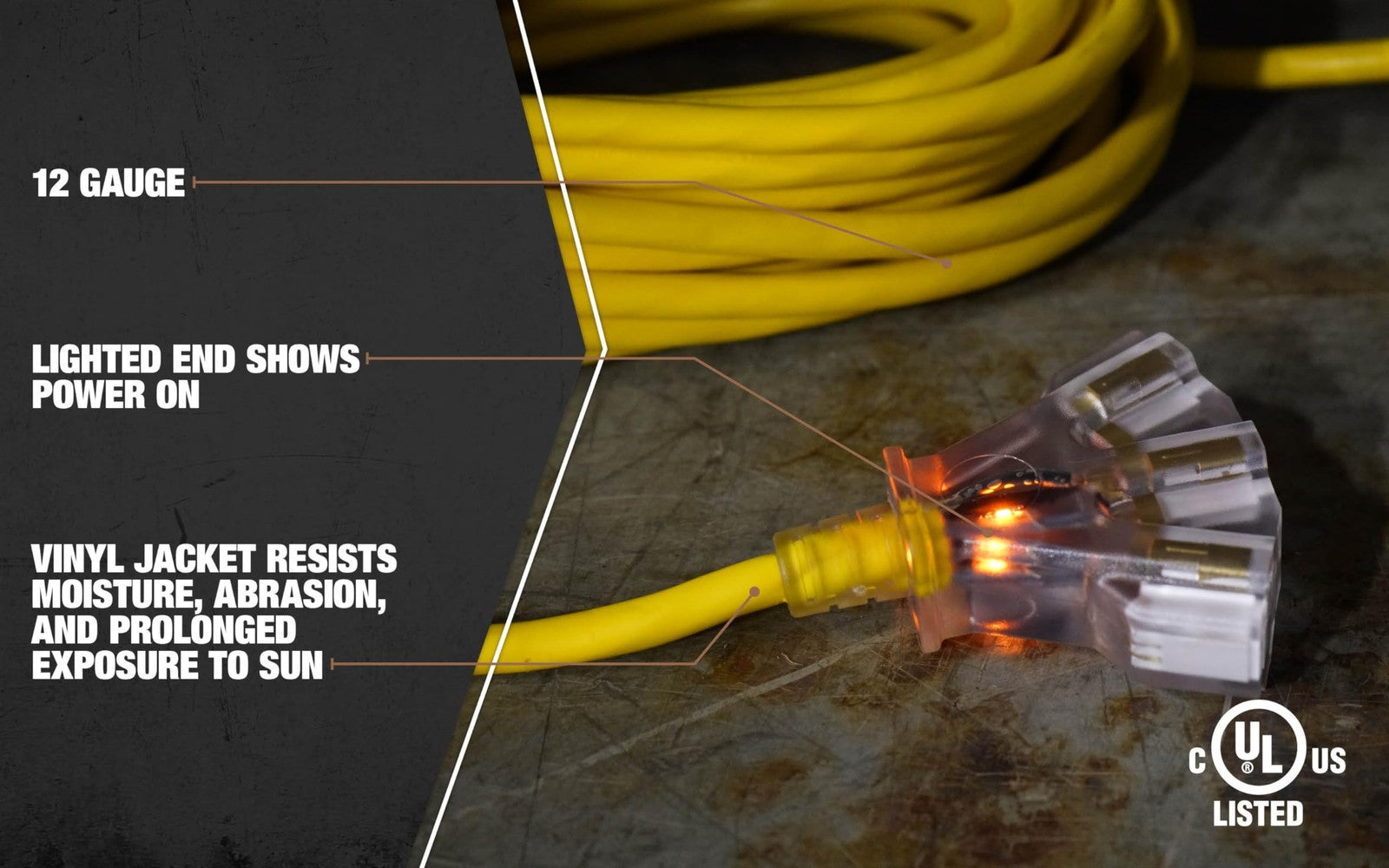 Yellow Southwire 12/3 multi-outlet vinyl extension cord with lighted end, 50 feet long, shown coiled with multiple outlets visible.