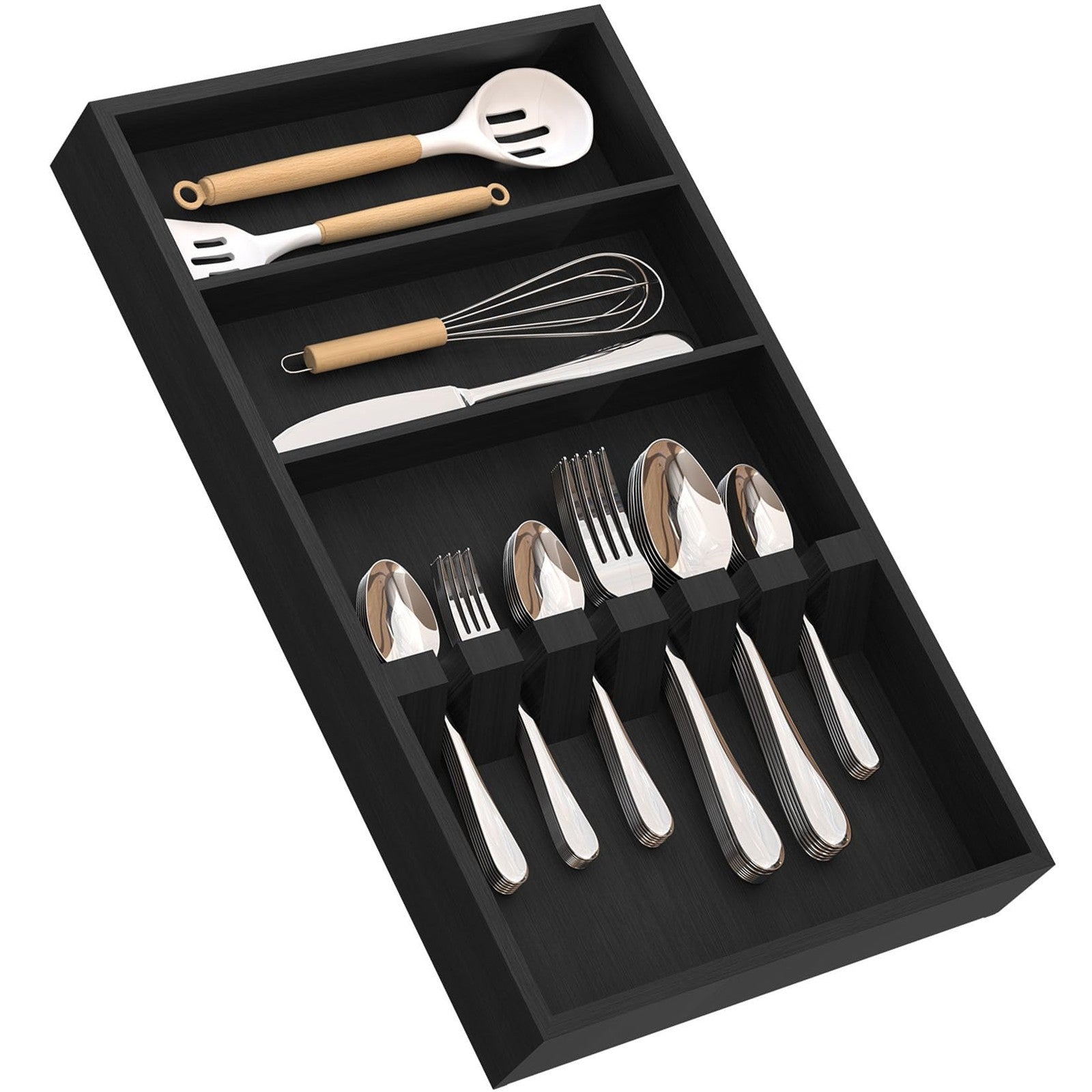 Yofidra Pure Bamboo Silverware Drawer Organizer with three compartments for kitchen storage, 16.5 inches long.