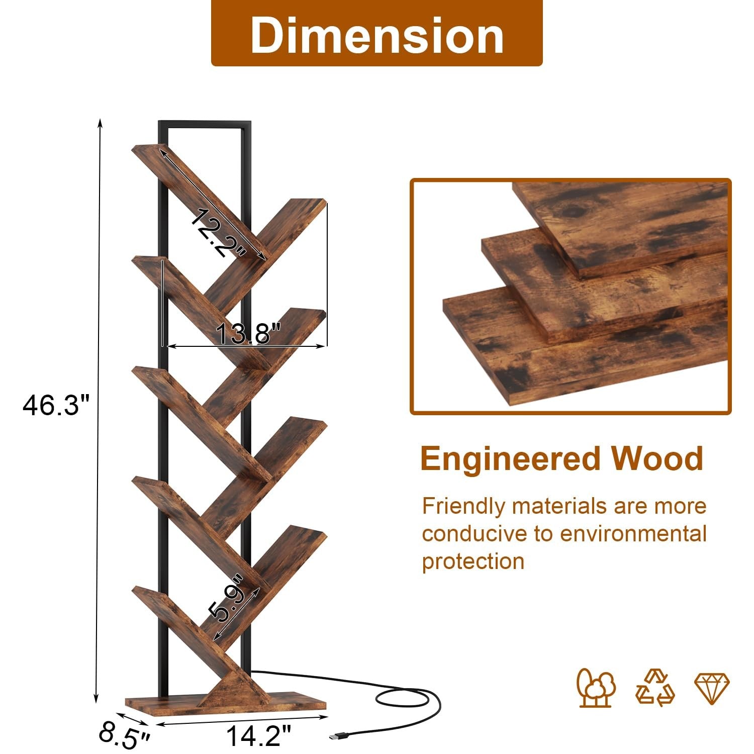 Qupui Tree Book Shelf with LED lights, 9-tier classical floor-standing bookcase with wooden shelves and decorative design.