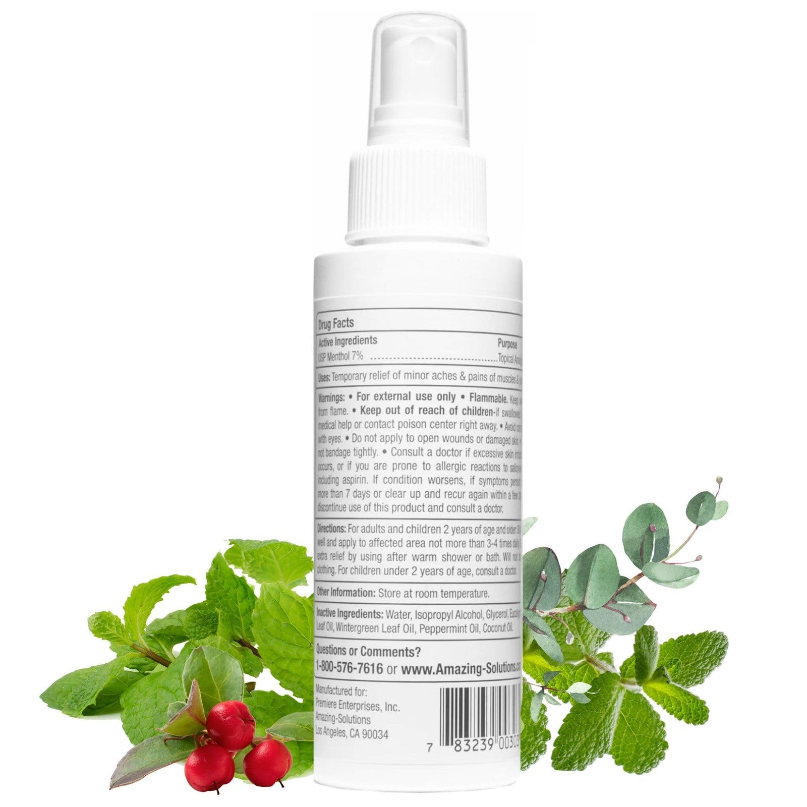 Premiere Pain Spray bottle with natural menthol and peppermint oil for joint relief, shown on a neutral background.
