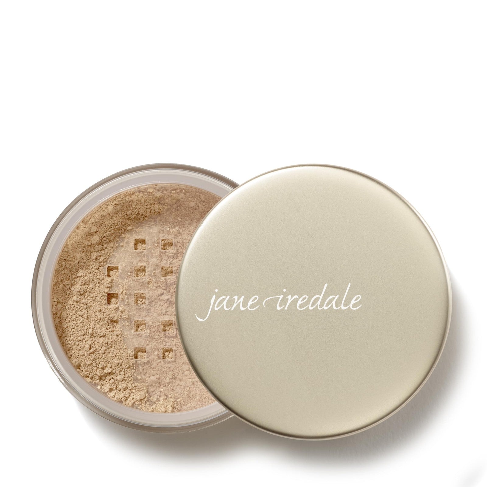 Jane Iredale Amazing Matte Loose Finish Powder in 0.35oz, showing the finely milled, matte finishing makeup powder in a clear jar.