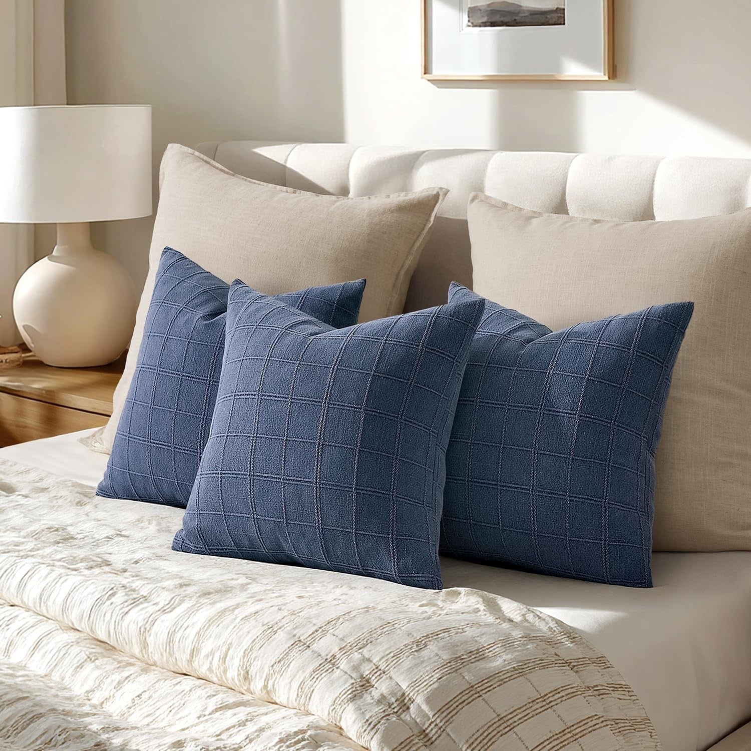 Set of two Woaboy linen check throw pillow covers in blue, 26x26 inches, farmhouse style with a classic check pattern.
