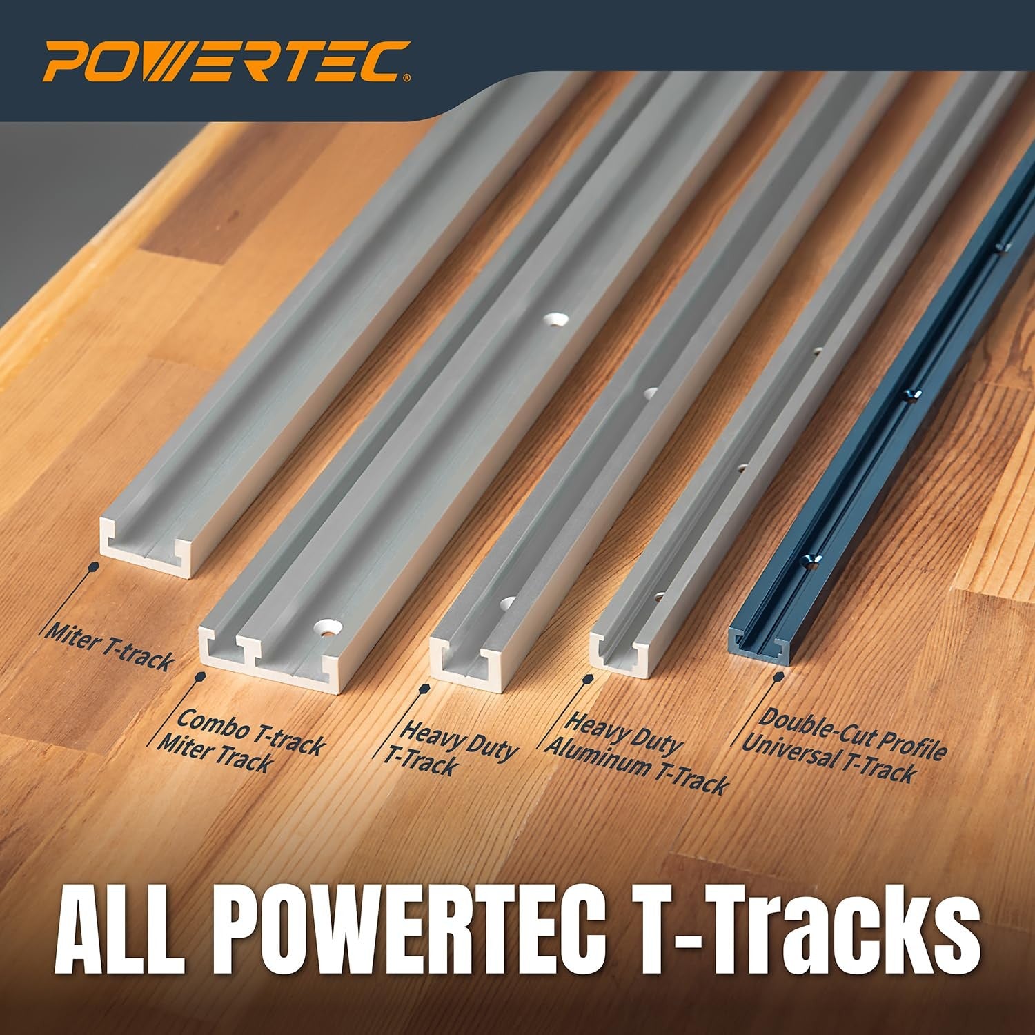 Powertec 32-inch aluminum miter T-track T-bar set for benchtop table saws and routers, featuring durable metal construction.
