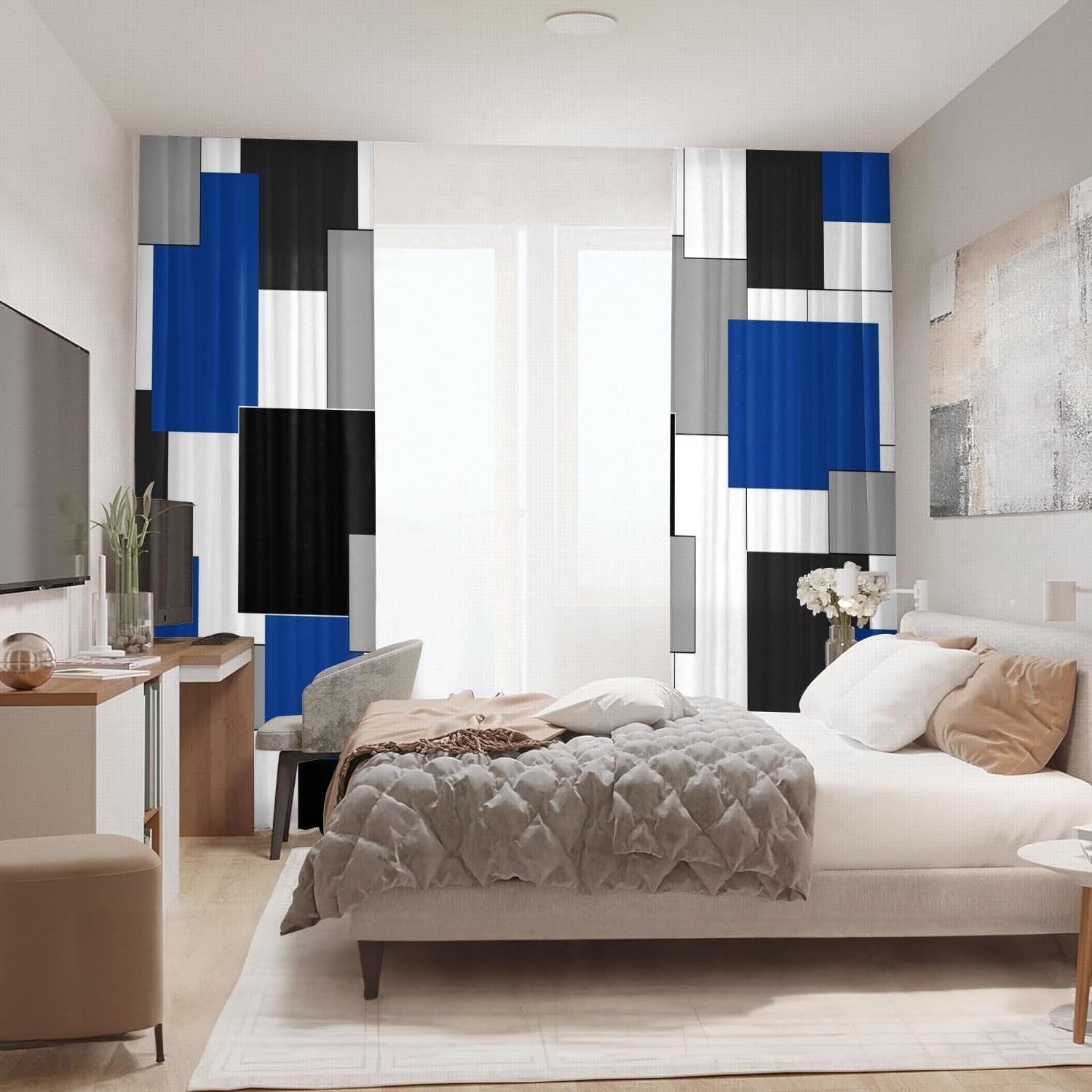 Blue and black geometry curtains by XFLINGBAO for living room, 84-inch length, stylish window treatment with modern design.