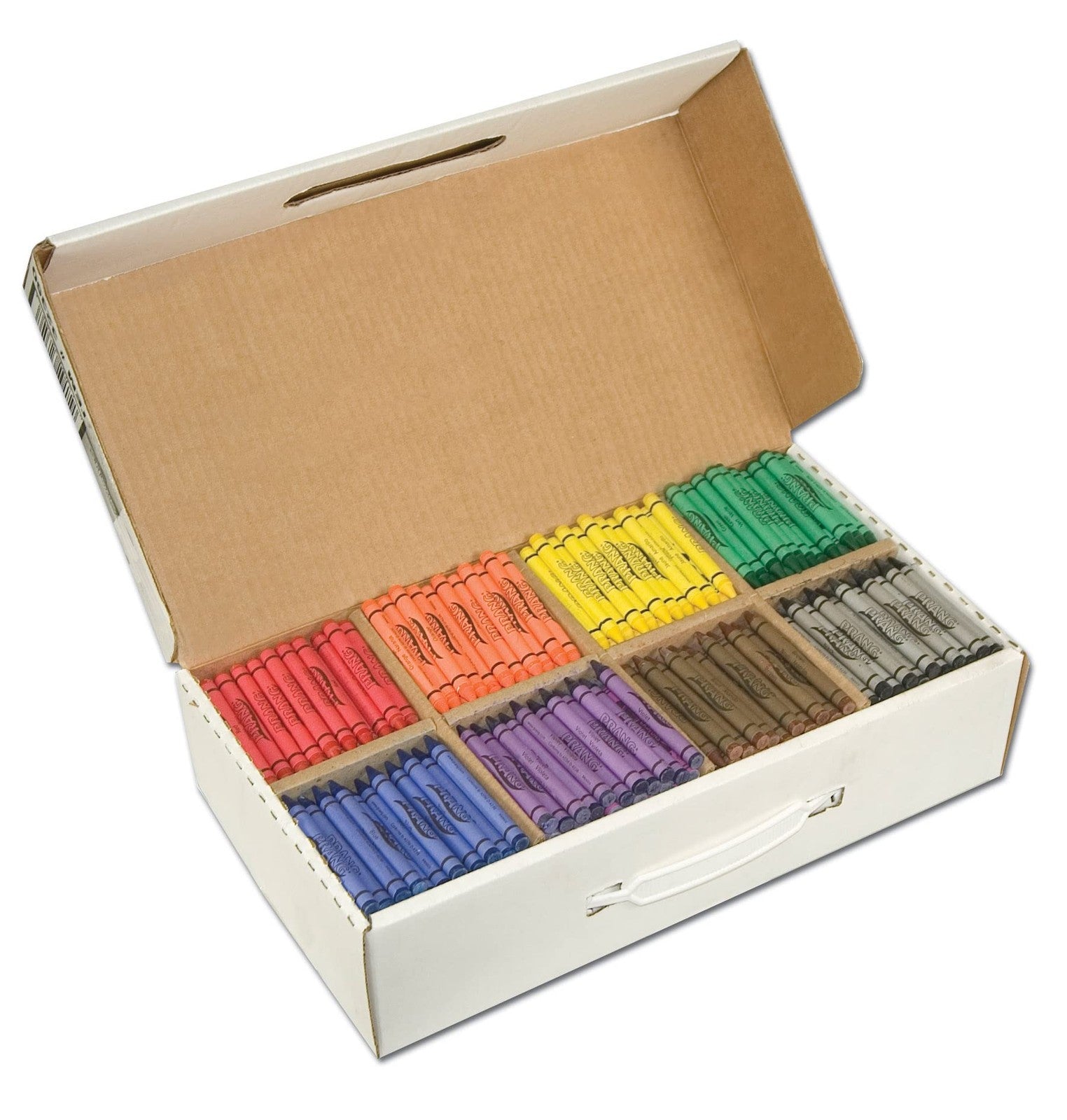 Prang soy-based crayons in a box of 100 each of 8 vibrant colors for art and coloring projects.