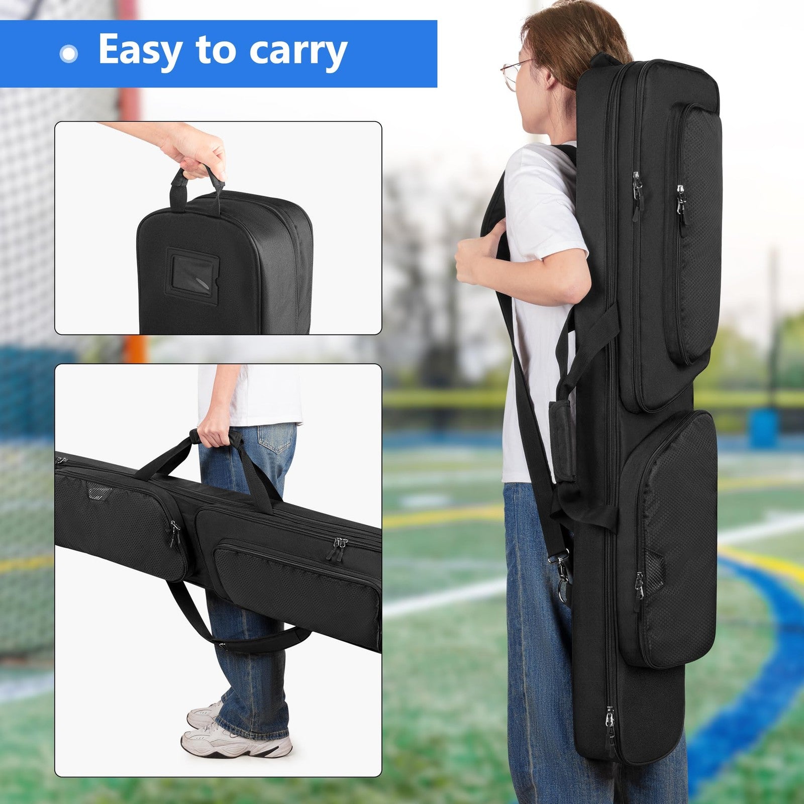 DSLEAF padded lacrosse stick bag with compartments for 2 sticks and gear, including separate shoe section, in black fabric.