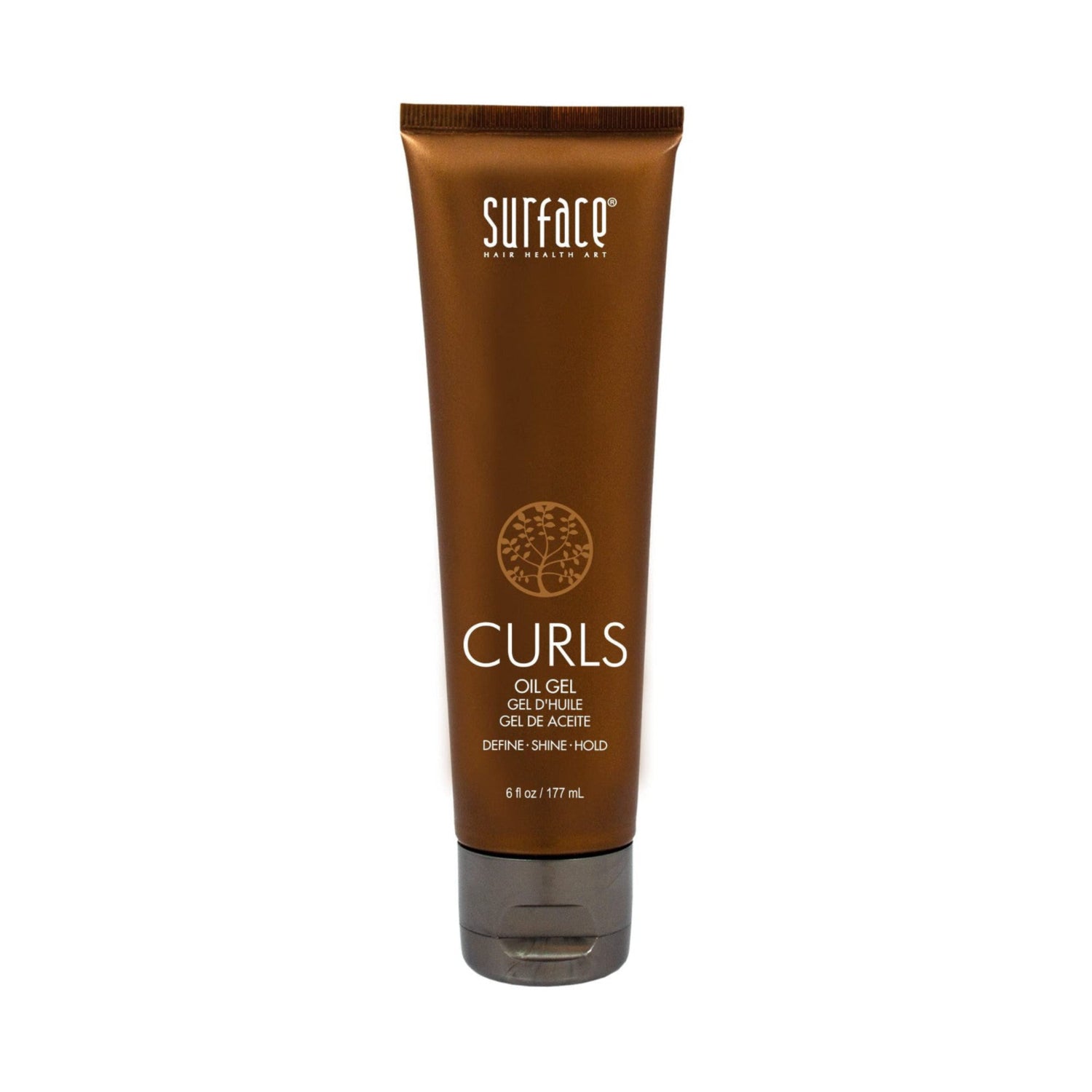 SURFACE Hair Curls Oil Gel bottle with a sleek design, showcasing the product for defining curls, adding shine, and controlling frizz.