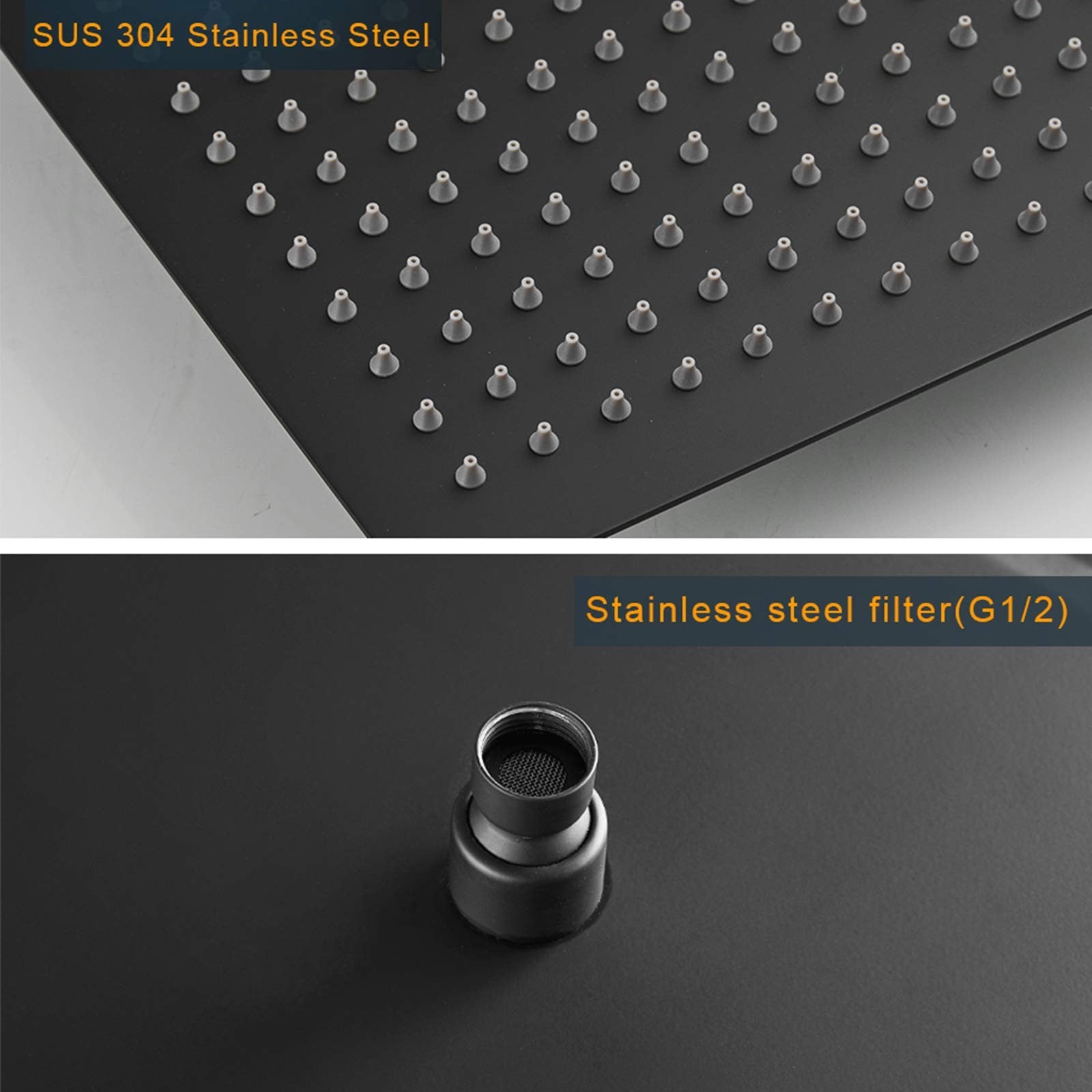 16-inch stainless steel rain shower head by Besy, square rainfall design, high pressure, modern bathroom fixture.