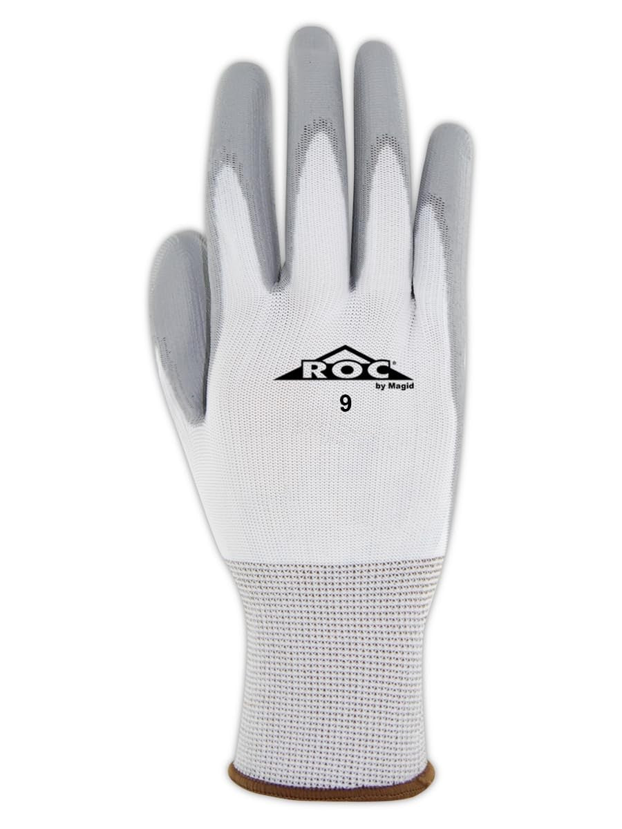 Pair of Magid Roc lightweight polyurethane palm coated work gloves in 12 pairs, showing the textured palms and flexible design.