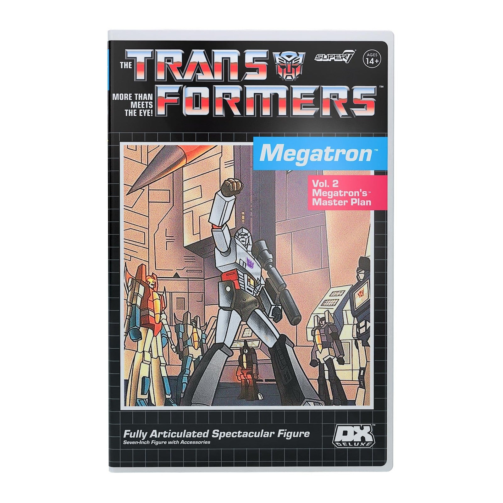 Super7 Transformers Deluxe Megatron action figure in VHS-style packaging, featuring detailed robot design and articulation.