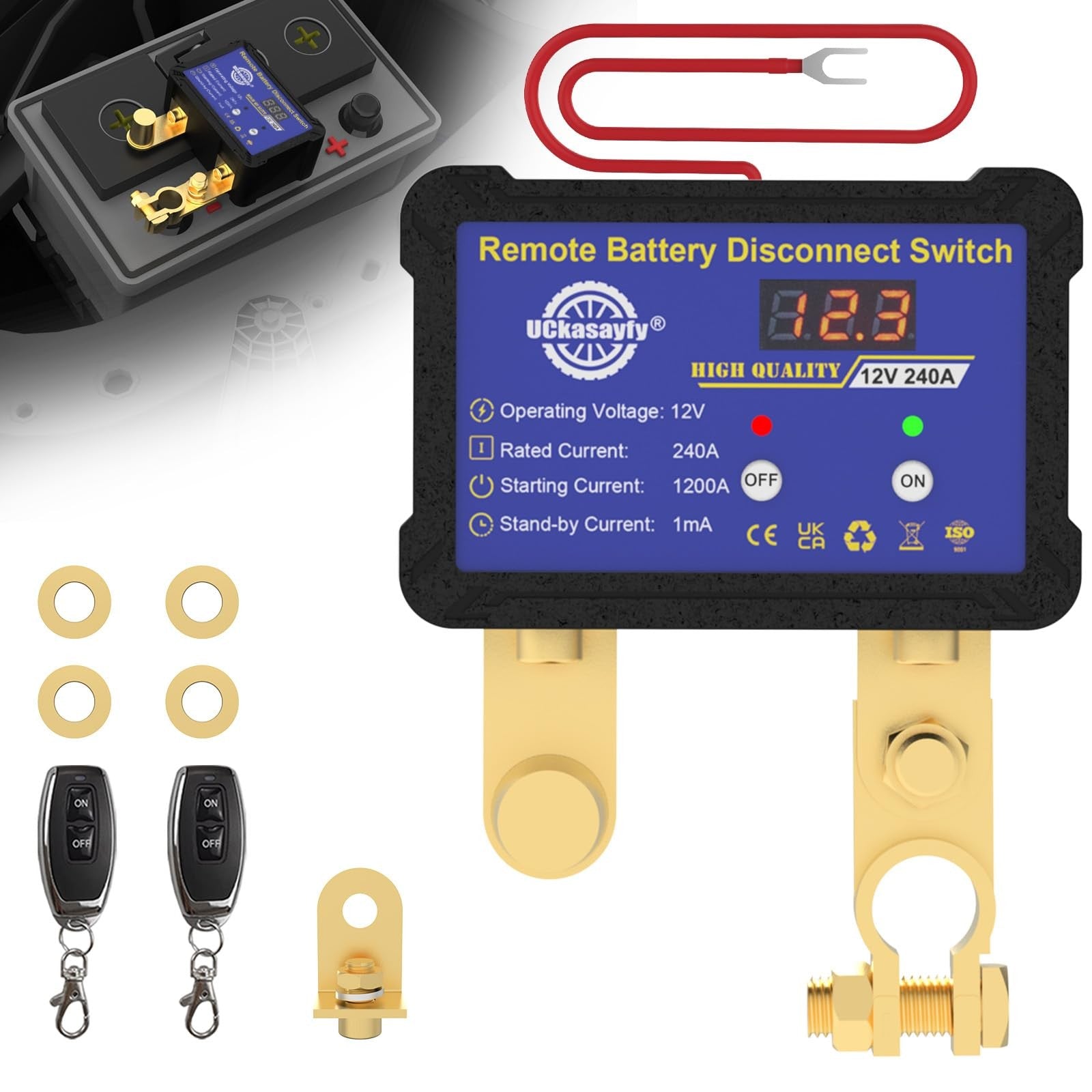 UCkasayfy 12V 240A car kill switch with remote battery disconnect switch, durable metal construction for vehicle security.