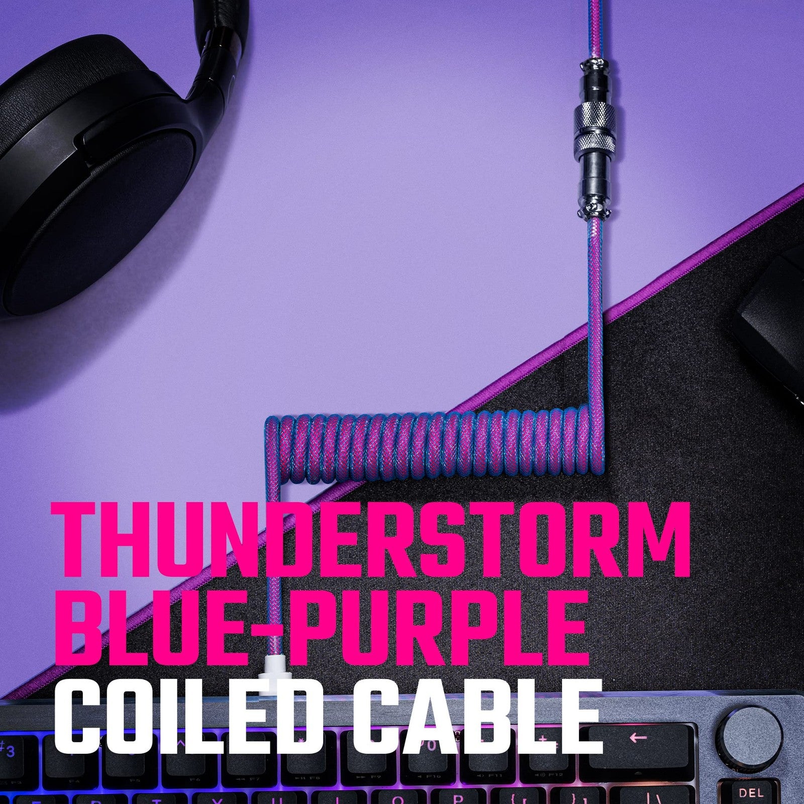 Cooler Master Thunderstorm coiled blue-purple cable with detachable metal Aviato connector on a white background.