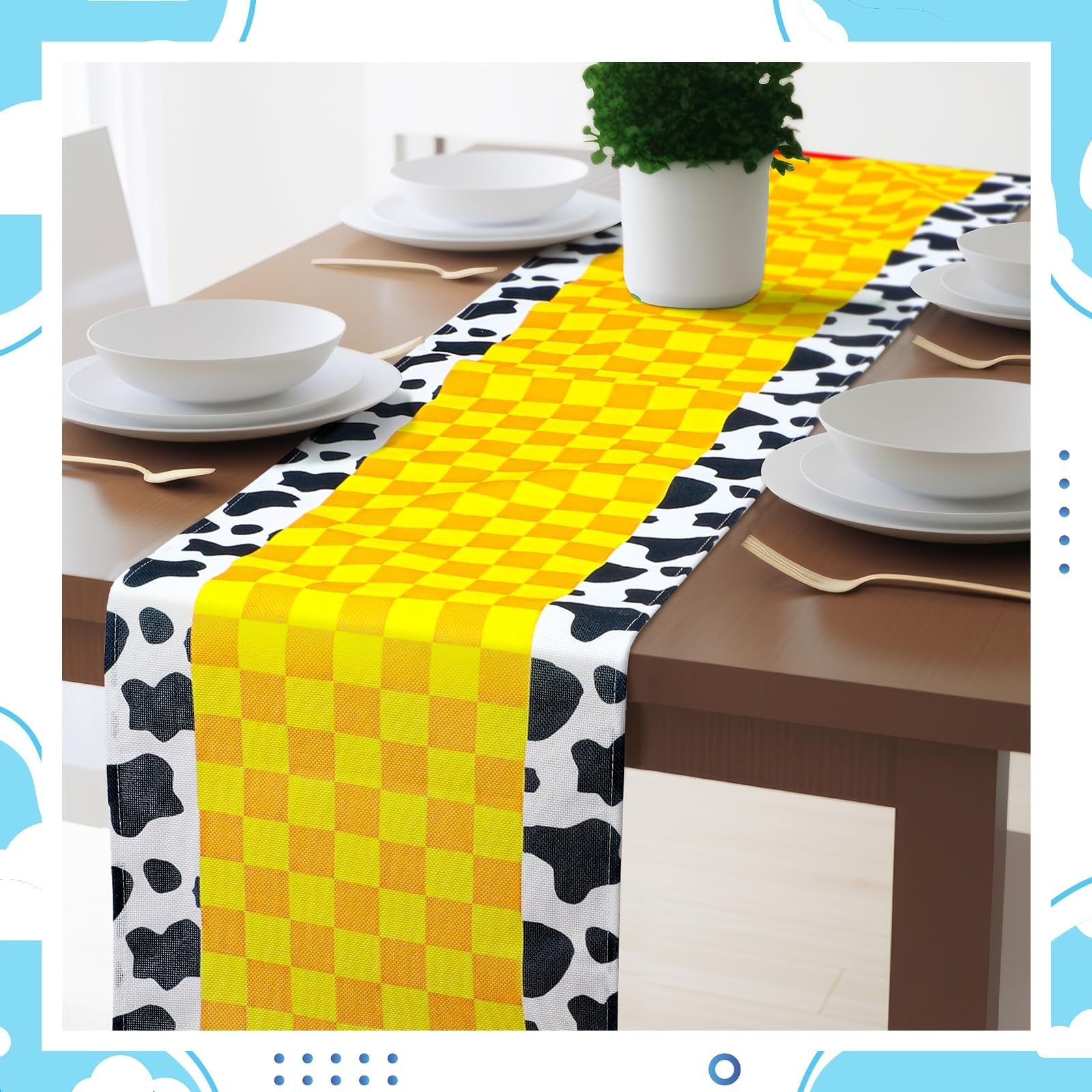 Windkream cartoon table runner for birthday party, 4-piece set with colorful cartoon designs, measuring 1.08 x 6 feet