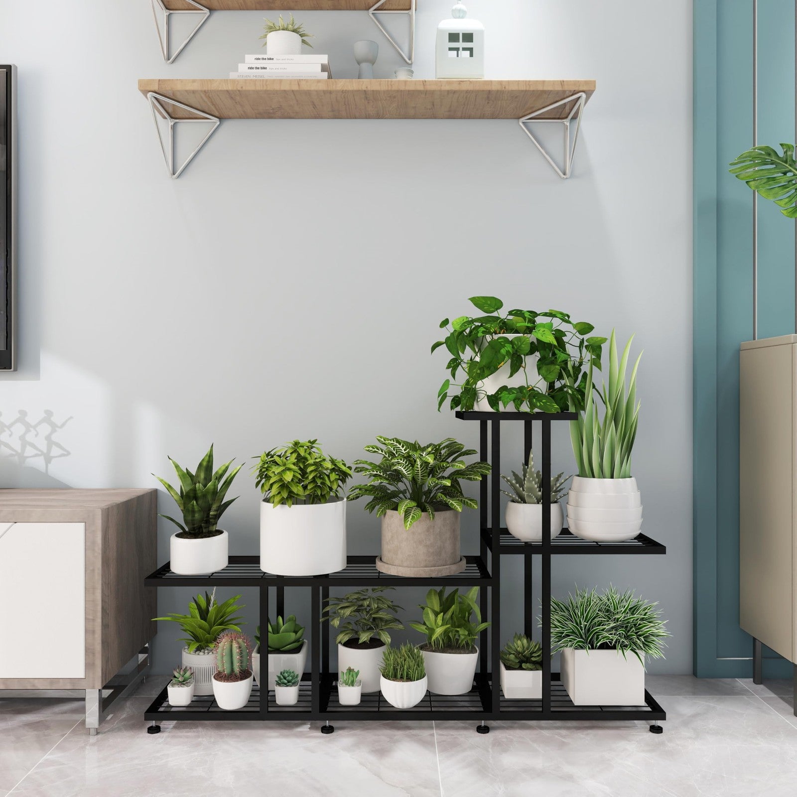 Black metal corner plant stand by HusDream for indoor and outdoor use, designed to hold potted plants in patio or home corners.