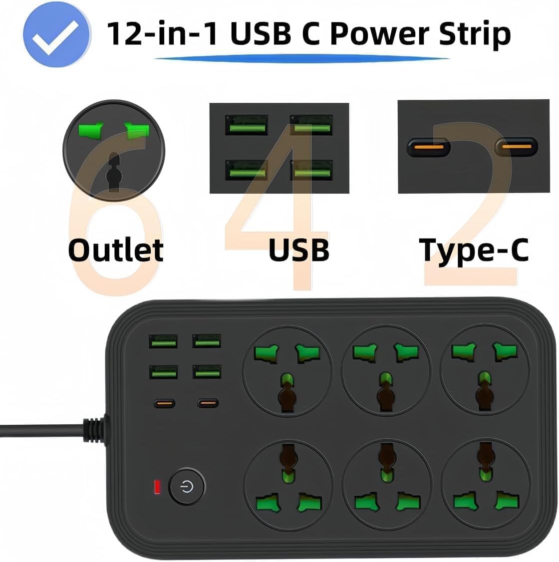 COOFINE 12-in-1 flat plug power strip with 6 outlets, 4 USB-A, 2 USB-C ports, and extension cord for versatile charging.