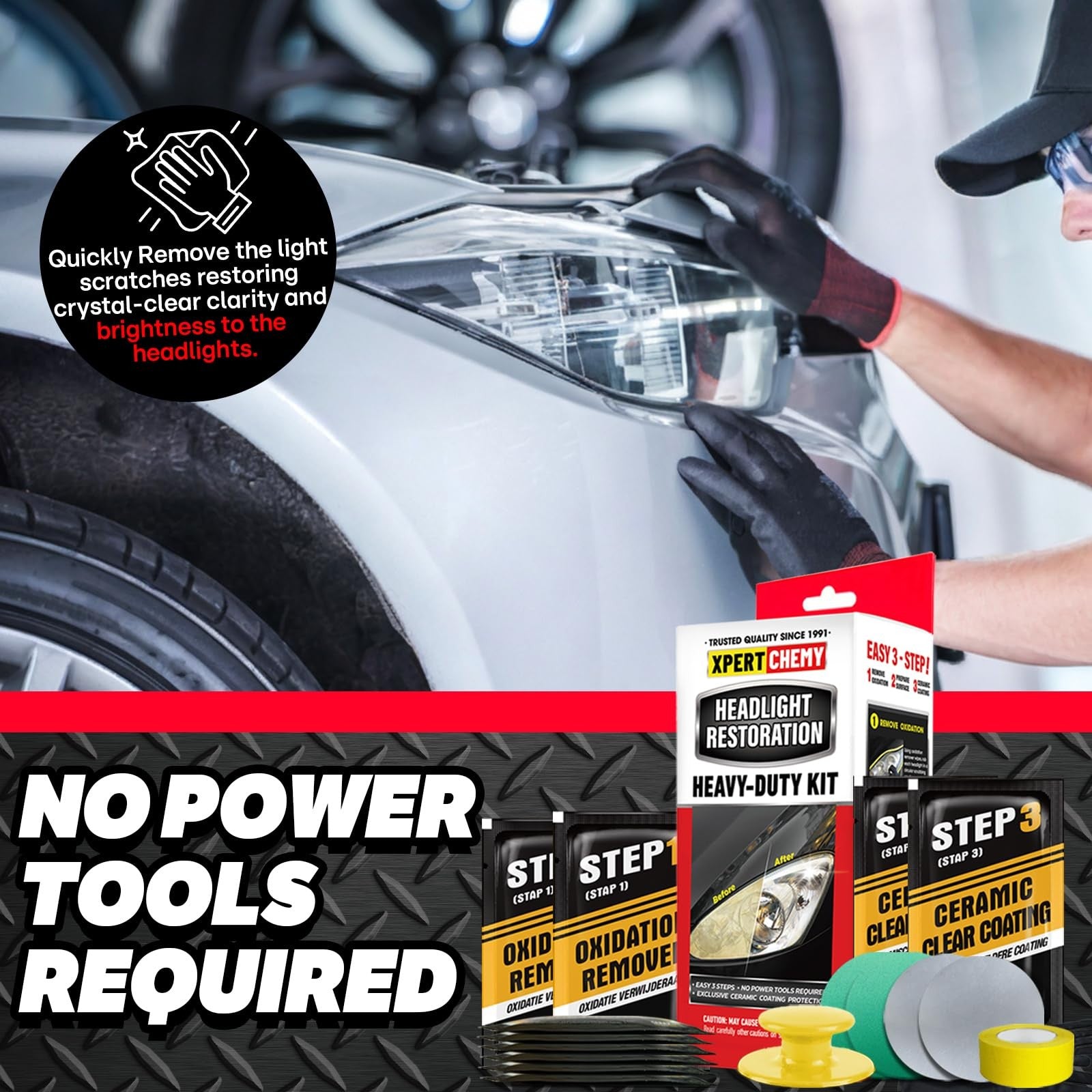 XPERTCHEMY Headlight Restoration Kit with yellowing and clouding remover, showing clear, restored car headlights.