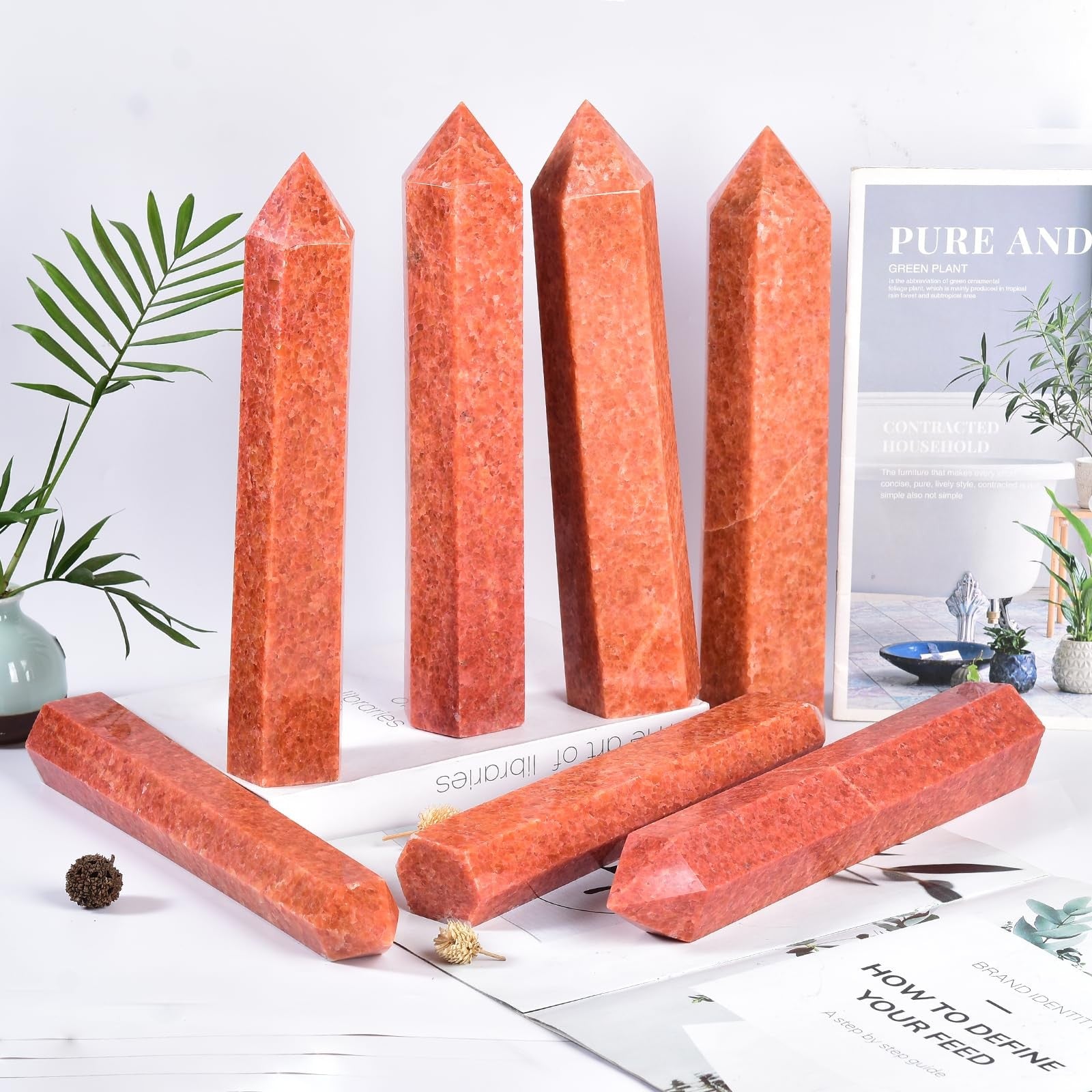 JIC Gem large sunstone obelisk tower with six facets, natural healing crystal wand, polished gemstone pointing upward