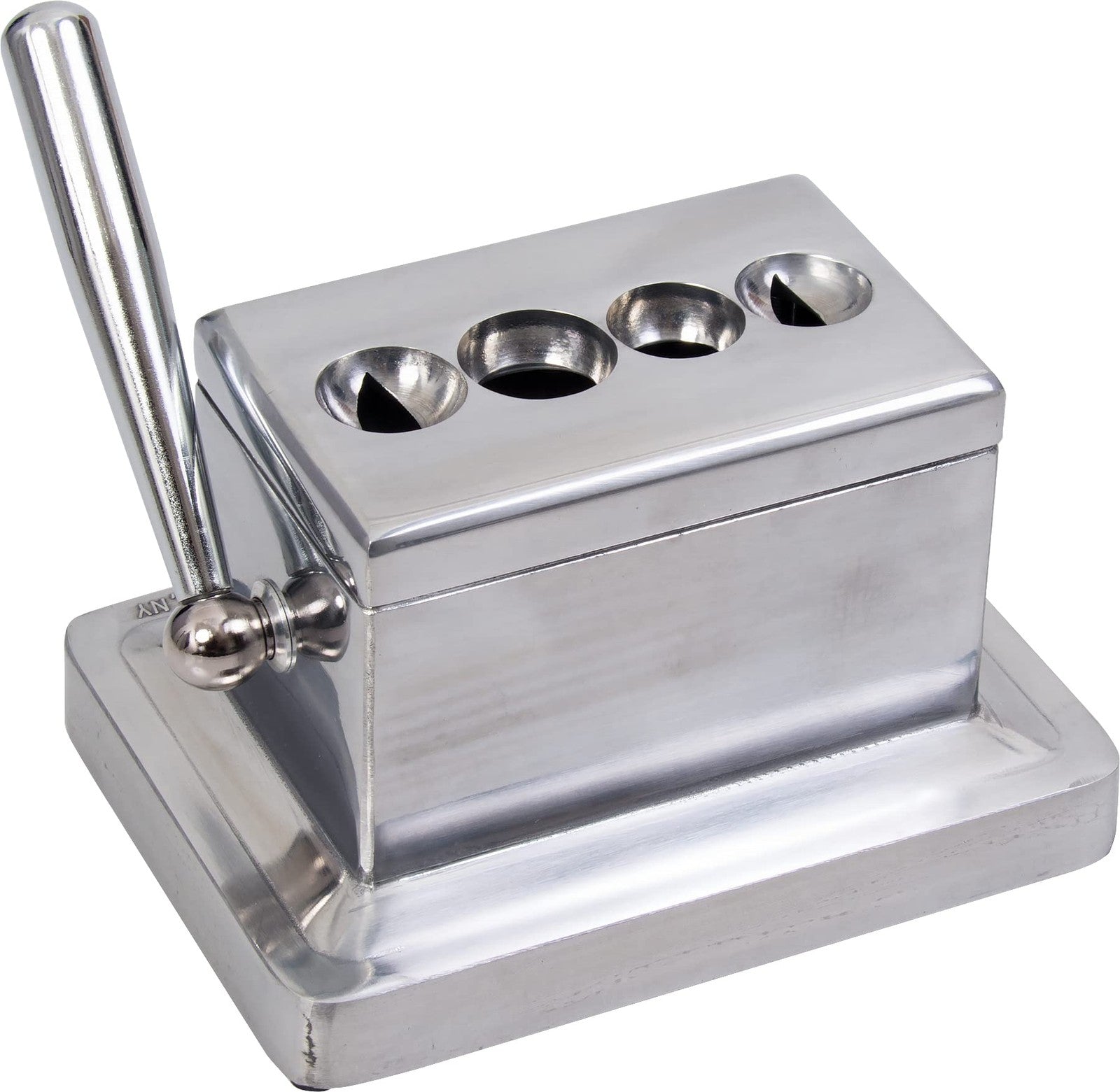 The Big Easy Tobacco Co. Quad Table Cigar Cutter with brushed finish, designed for 52 and 60 ring gauge cigars, on a table surface.