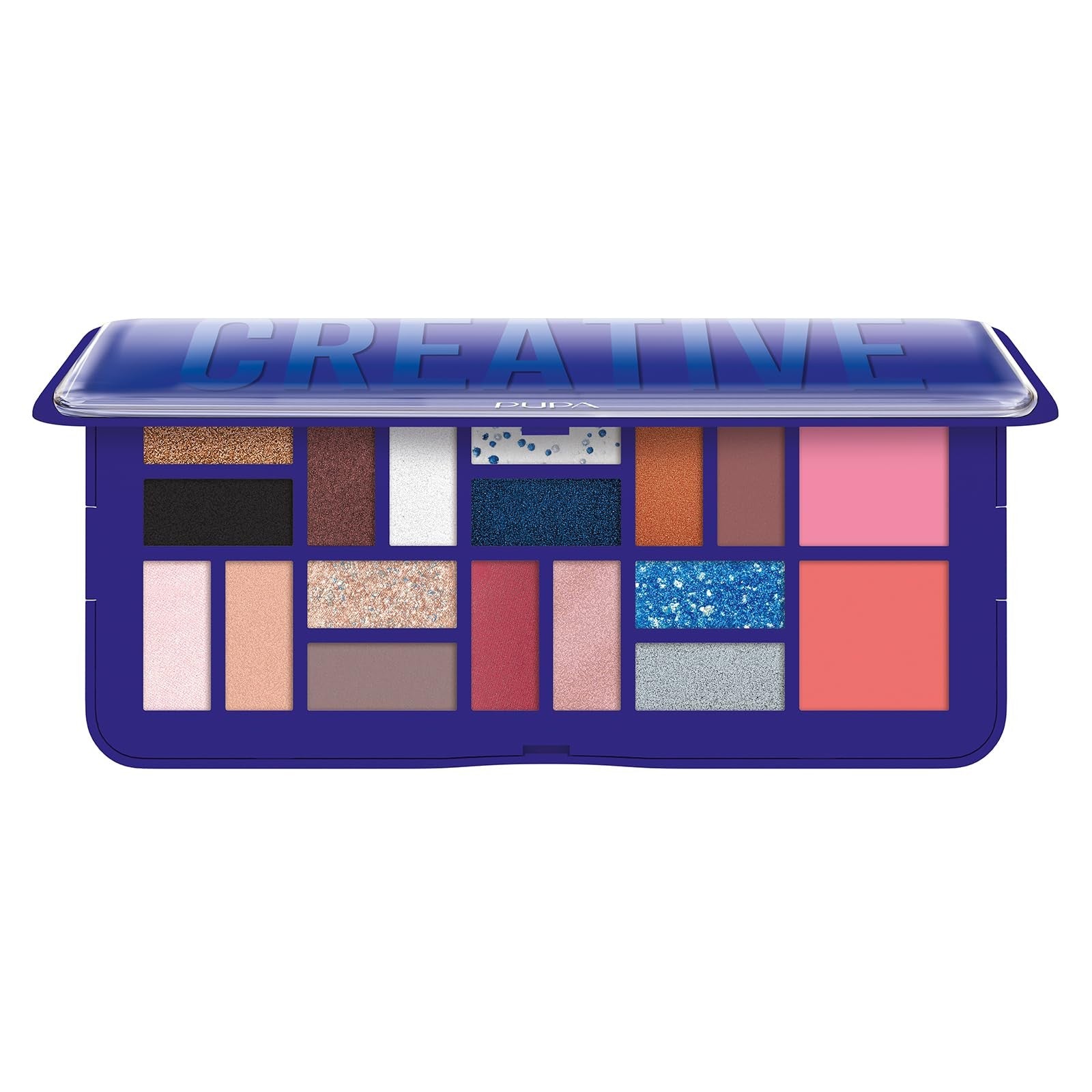 Pupa Milano eyeshadow palette with 18 matte and shimmer blue shades, including blush and eye makeup colors.