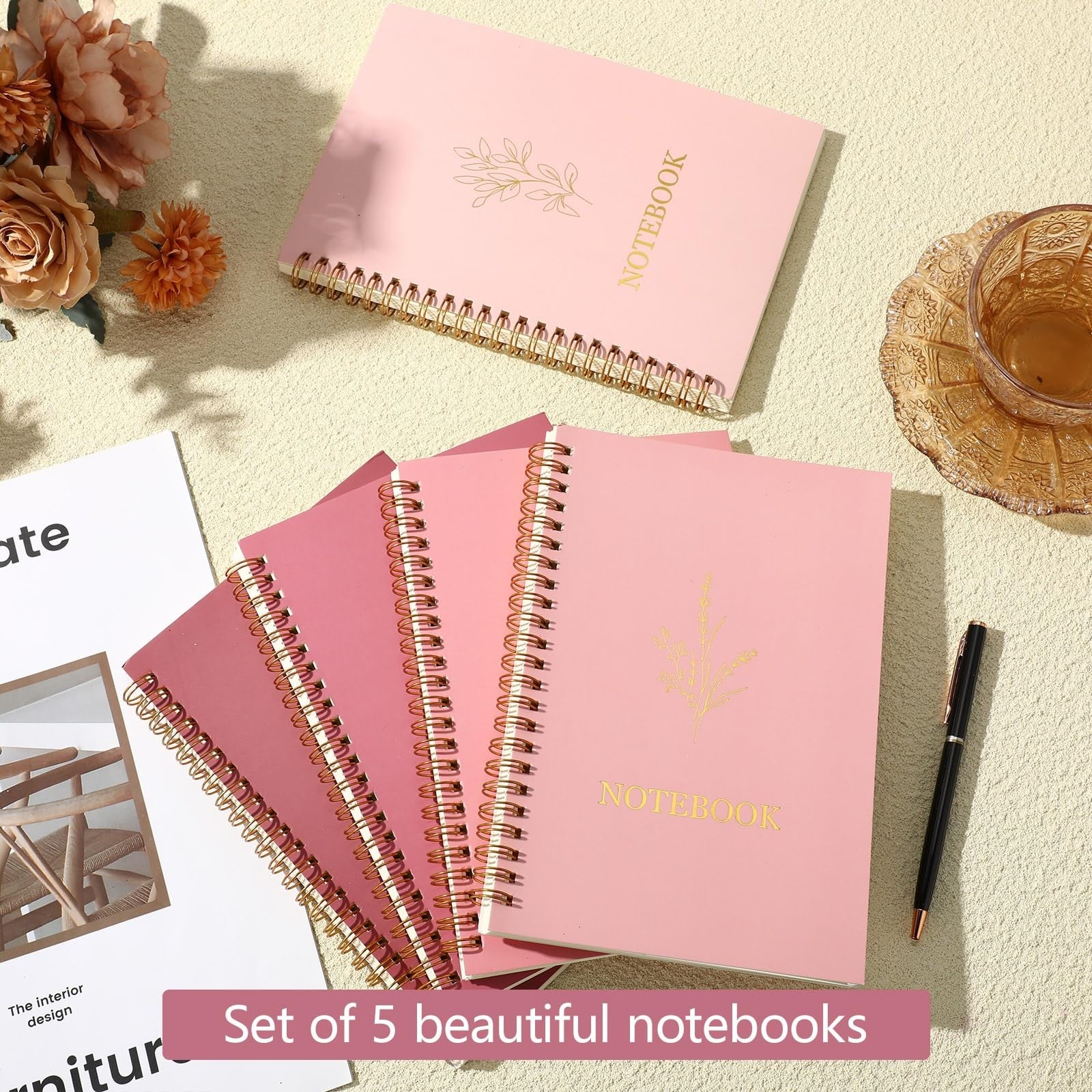 Gueevin 5-pack A5 spiral notebooks with wide-ruled pages, featuring aesthetic covers and 160 pages each for school supplies.