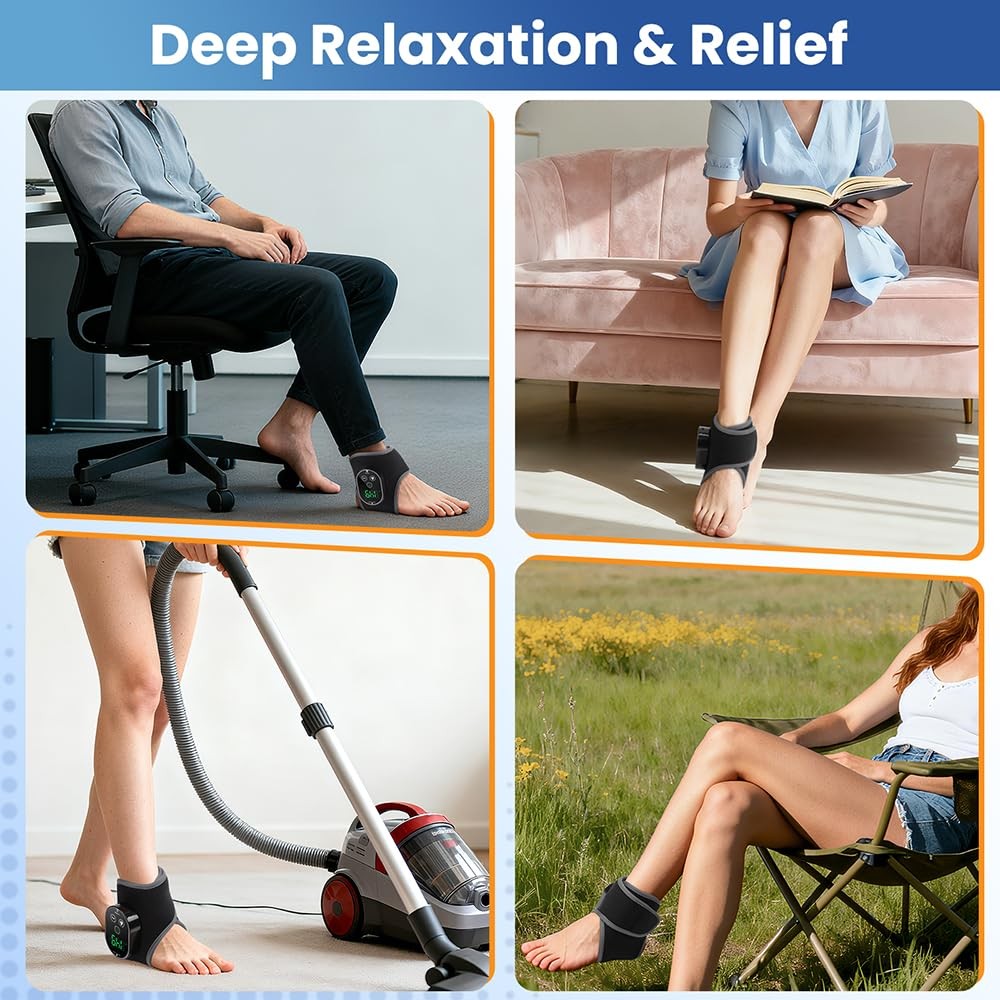 BETOLEAN foot and ankle massager with heat therapy, showing the device wrapped around a person's ankle for pain relief.