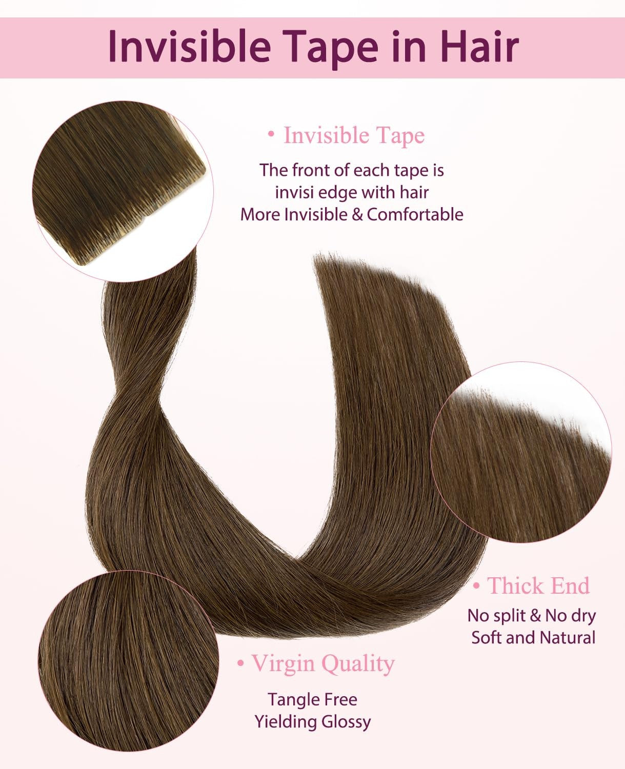 Pinkpearl human hair invisible tape-in extensions, 20-piece set, 18-inch length, lightweight 50G, natural pink pearl color.