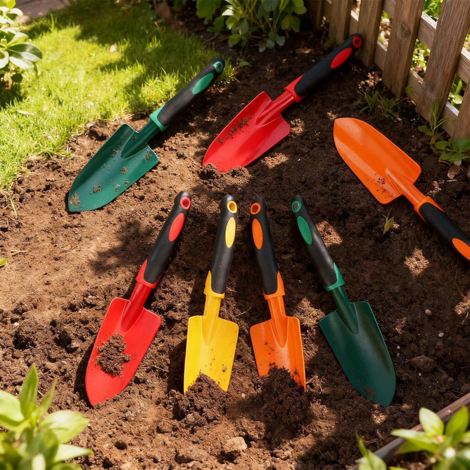 Yaocom 12-pack garden shovels with aluminum alloy handles, small digging trowels for gardening and planting tasks.