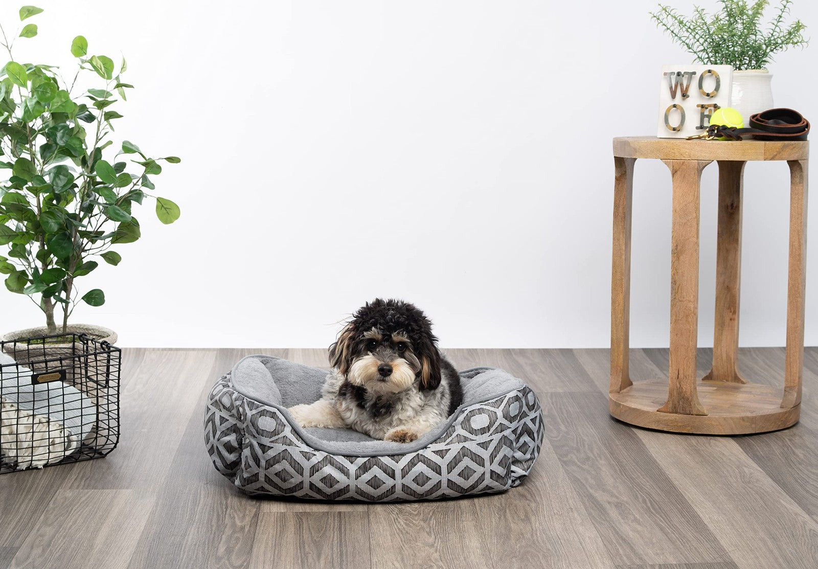 Luxury dog bed by Modern Threads featuring Oxford printed plush fabric, designed for small to medium-sized dogs.