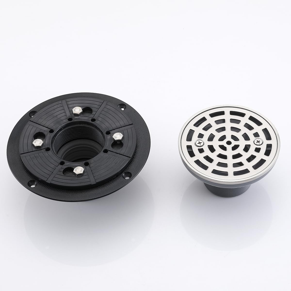 RANDOM brushed nickel round shower drain with 4-inch diameter and adjustable PVC fitting on a tiled bathroom floor