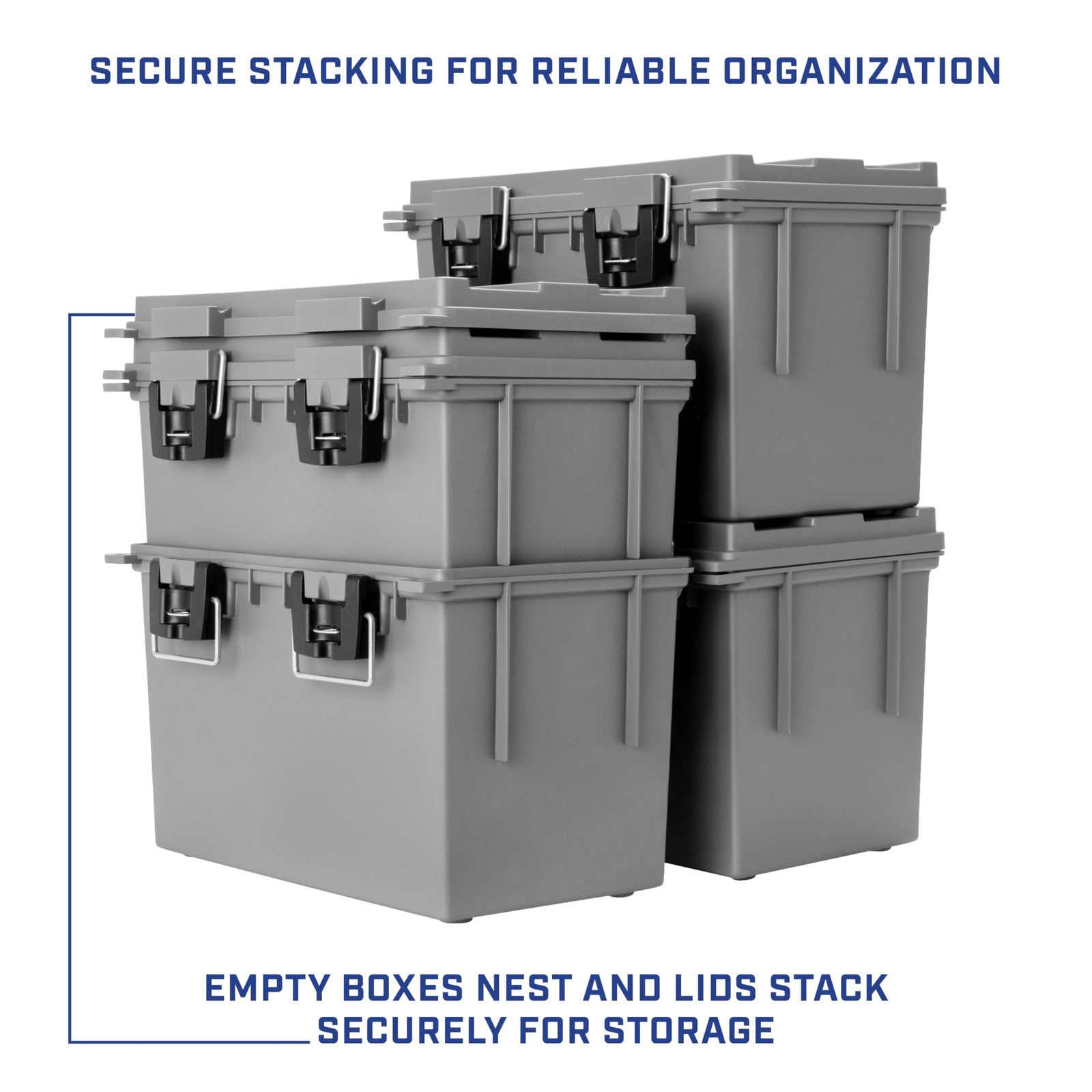 Two Sheffield XL storage bins with lids, stackable plastic bins in clear and blue, shown with lids on for organized storage.