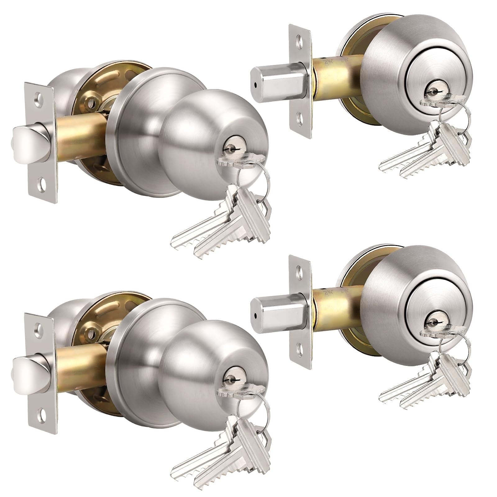 Knobonly keyed alike exterior door knob with round stainless steel deadbolt lock, suitable for outdoor security.