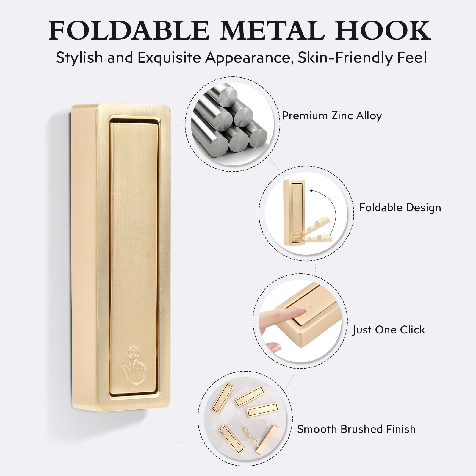 Set of five heavy-duty gold zinc alloy folding coat hooks on a wall, ideal for coats and scarves.