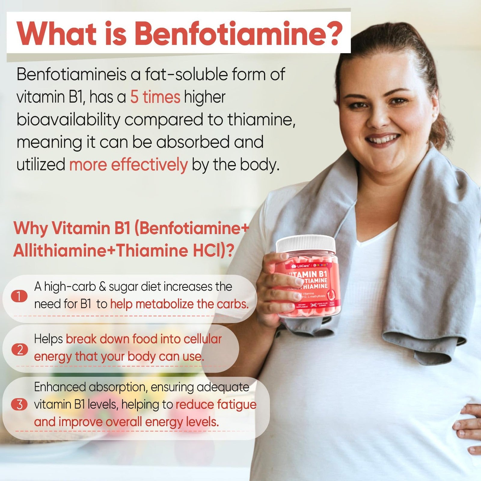 LILICARE Vitamin B1 and Methylated B Complex Gummies with Benfotiamine, featuring colorful gummy vitamins in a clear jar.