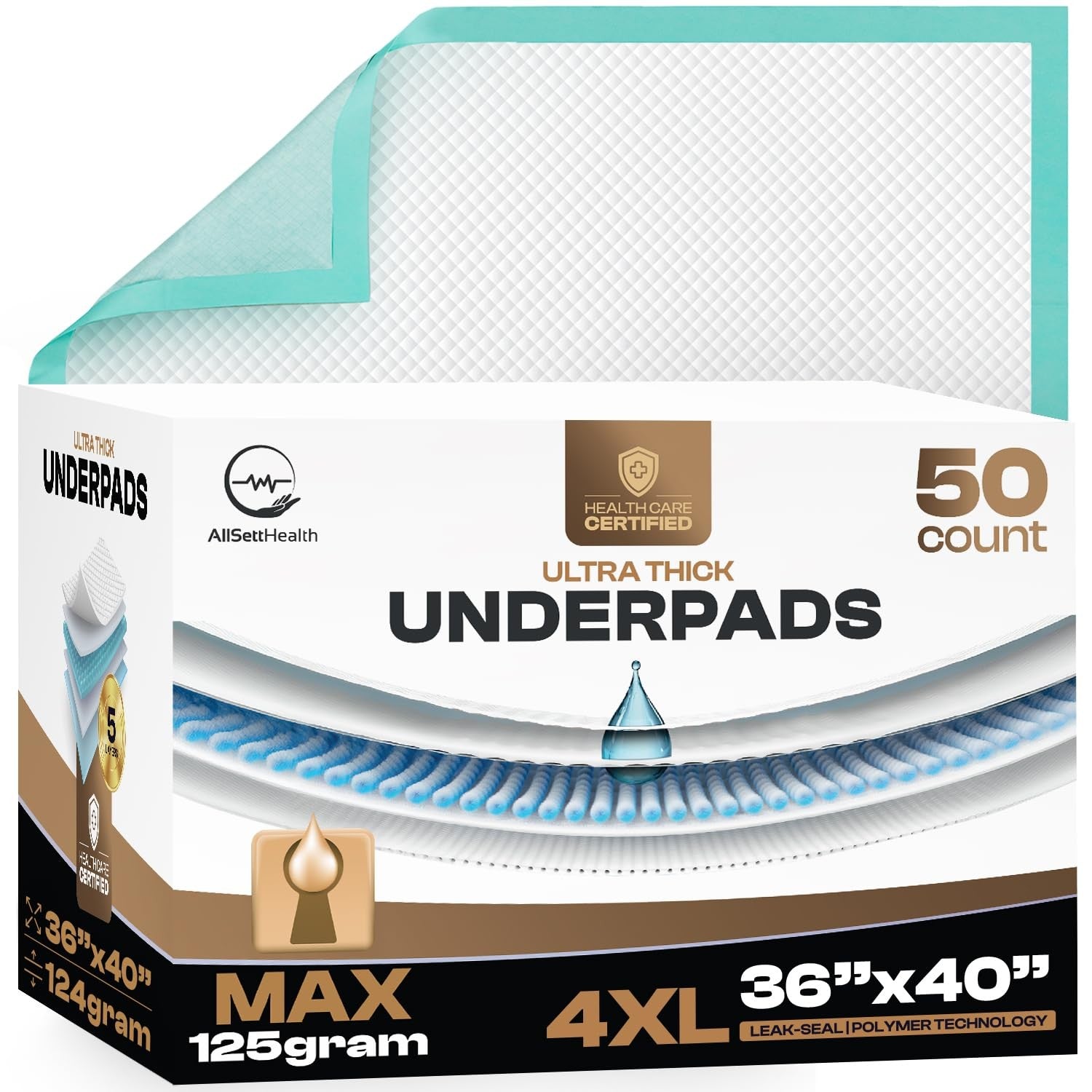 Disposable incontinence bed pads by AllSett Health, 40x36 inches, 125g heavy-duty, designed for bed protection and absorbency.