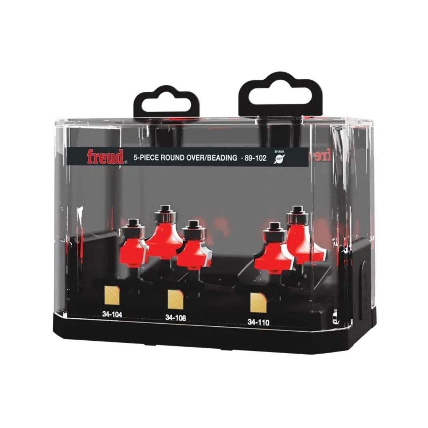 Freud 89-102 five-piece round over and beading router bit set with 1/4-inch shank, displayed with multiple bits in the set.