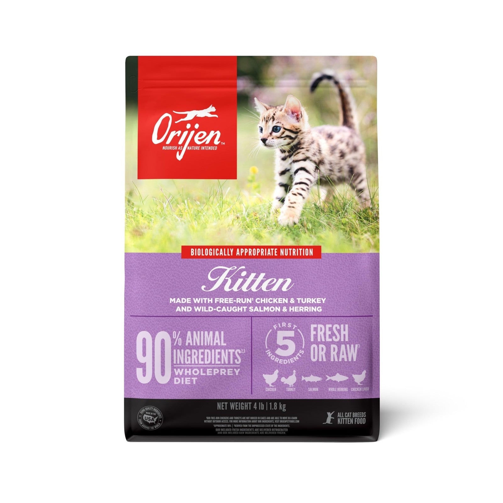 ORIJEN Grain Free High Protein Dry Cat Food Kitten Recipe 4lb bag with image of the kibble and packaging.